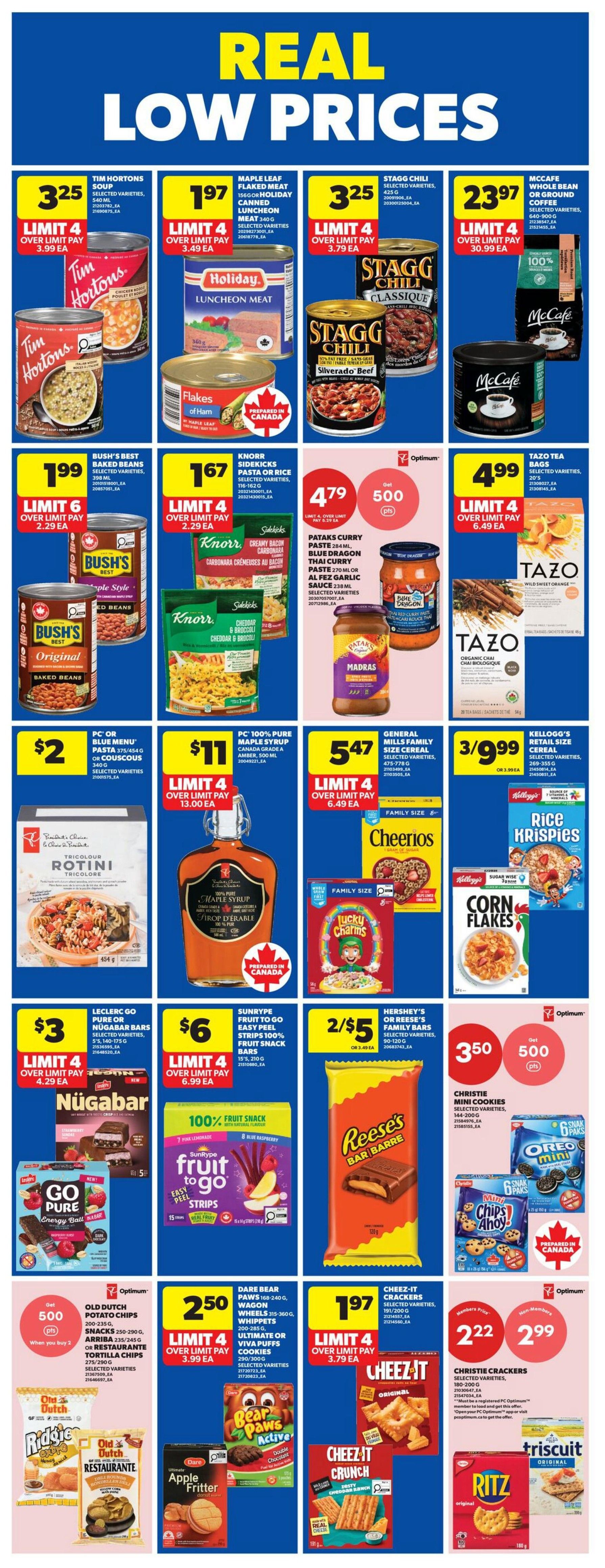Wholesale Club weekly flyer specials, page 4. Featured products include Tim Hortons soup for $3.25, Maple Leaf flaked meat for $1.97, Stagg chili for $3.25, and McCafe whole bean or ground coffee for $23.97. Also on sale are Bush's Best baked beans for $1.99, Knorr Sidekicks pasta or rice for $1.67, Pataks curry paste for $4.79, and Tazo tea bags for $4.99. PC Blue Menu Rotini Tricolore pasta is $2, PC 100% Pure Maple syrup is $11, and General Mills family size cereals are $5.47. Kellogg's Rice Krispies and Corn Flakes are 3 for $9.99. Leclerc Go Pure or Nügabar bars are $3, Sunrype Fruit to Go easy peel strips are $6, and Hershey's or Reese's family bars are 2 for $5. Christie mini cookies are $3.50 with 500 Optimum points when you buy 2. Old Dutch potato chips, wagon wheels, whippets, and Ultimate or Viva Puffs cookies are $2.50. Dare Bear Paws cookies are $1.97. Cheez-It crackers are $2.22 for members and $2.99 for non-members. Christie crackers and Triscuit crackers are also featured.