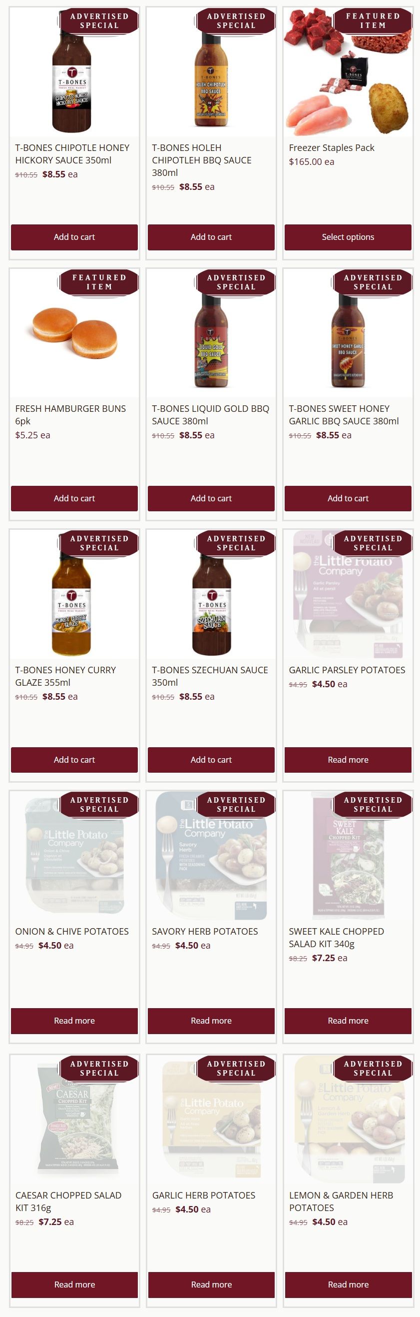 T-Bone's weekly flyer specials page 3 features a variety of sauces and potato products. Advertised specials include T-Bones Chipotle Honey Hickory Sauce 350ml for $8.55 each (originally $10.55), T-Bones Holeh Chipotle BBQ Sauce 380ml for $8.55 each (originally $10.55), T-Bones Liquid Gold BBQ Sauce 380ml for $8.55 each (originally $10.55), T-Bones Sweet Honey Garlic BBQ Sauce 380ml for $8.55 each (originally $10.55), T-Bones Honey Curry Glaze 355ml for $8.55 each (originally $10.55), and T-Bones Szechuan Sauce 350ml for $8.55 each (originally $10.55). Also featured are Fresh Hamburger Buns 6pk for $5.25 each. Little Potato Company products on special include Garlic Parsley Potatoes for $4.50 each (originally $4.95), Onion & Chive Potatoes for $4.50 each (originally $4.95), Savory Herb Potatoes for $4.50 each (originally $4.95), Sweet Kale Chopped Salad Kit 340g for $7.25 each (originally $8.25), Caesar Chopped Salad Kit 316g for $7.25 each (originally $8.25), Garlic Herb Potatoes for $4.50 each (originally $4.95), and Lemon & Garden Herb Potatoes for $4.50 each (originally $4.95). A Freezer Staples Pack is also available for $165.00 each.