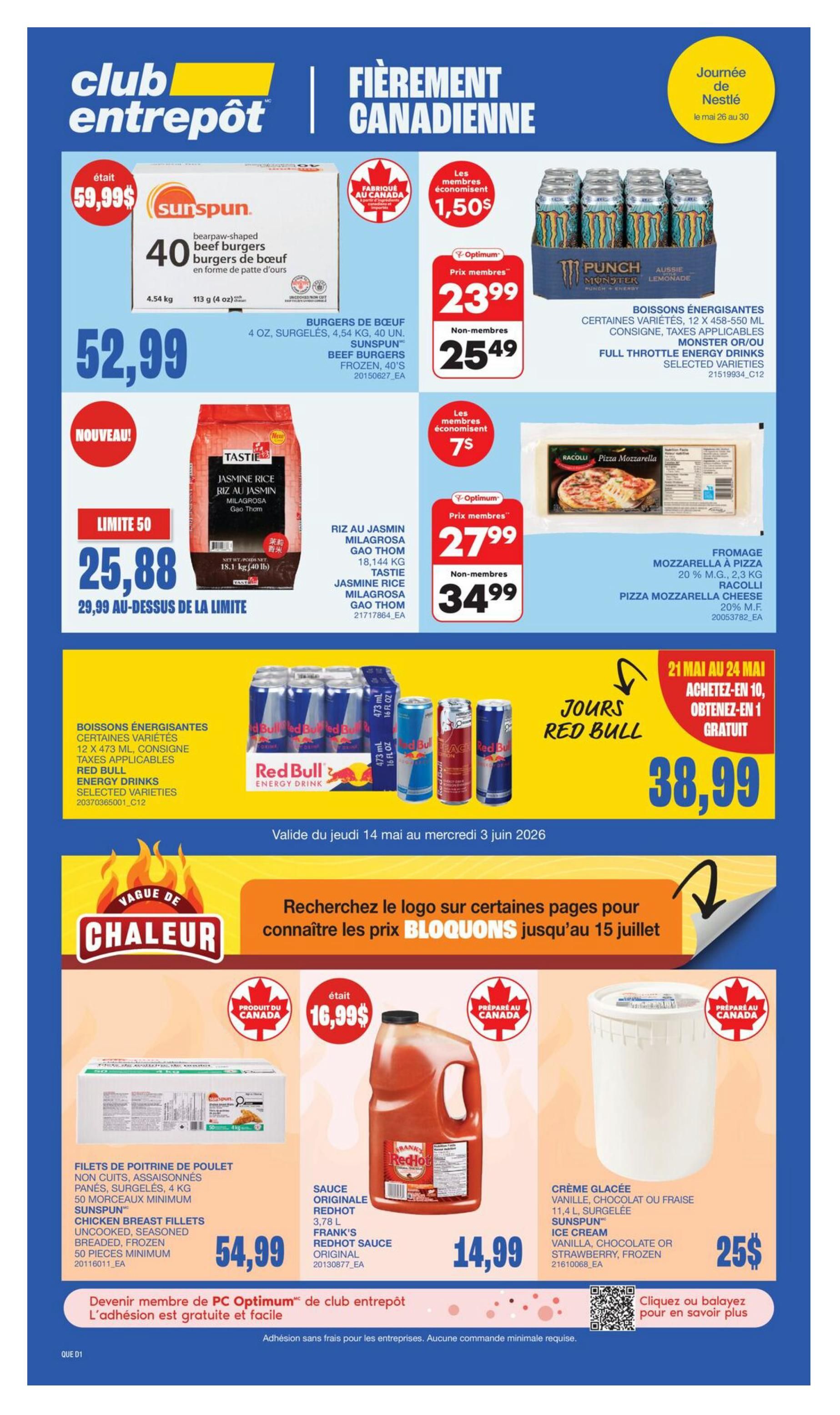 Wholesale Club flyer specials page featuring 'Crazy Prices of the Month' for May. Offers include Kraft Miracle Whip spread for $3, limit of 6, or $4.00 each after limit. Takis rolled corn chips, various flavours, 260 g, for $2.25, limit of 6, or $3.00 each after limit. Head women's and men's socks, 3 pairs, for $4, limit of 6, or $5.99 each after limit. The flyer also highlights 'Lowest Price, Biggest Discount' with a disclaimer about offer validity from May 1st to May 31st, 2026, while supplies last.