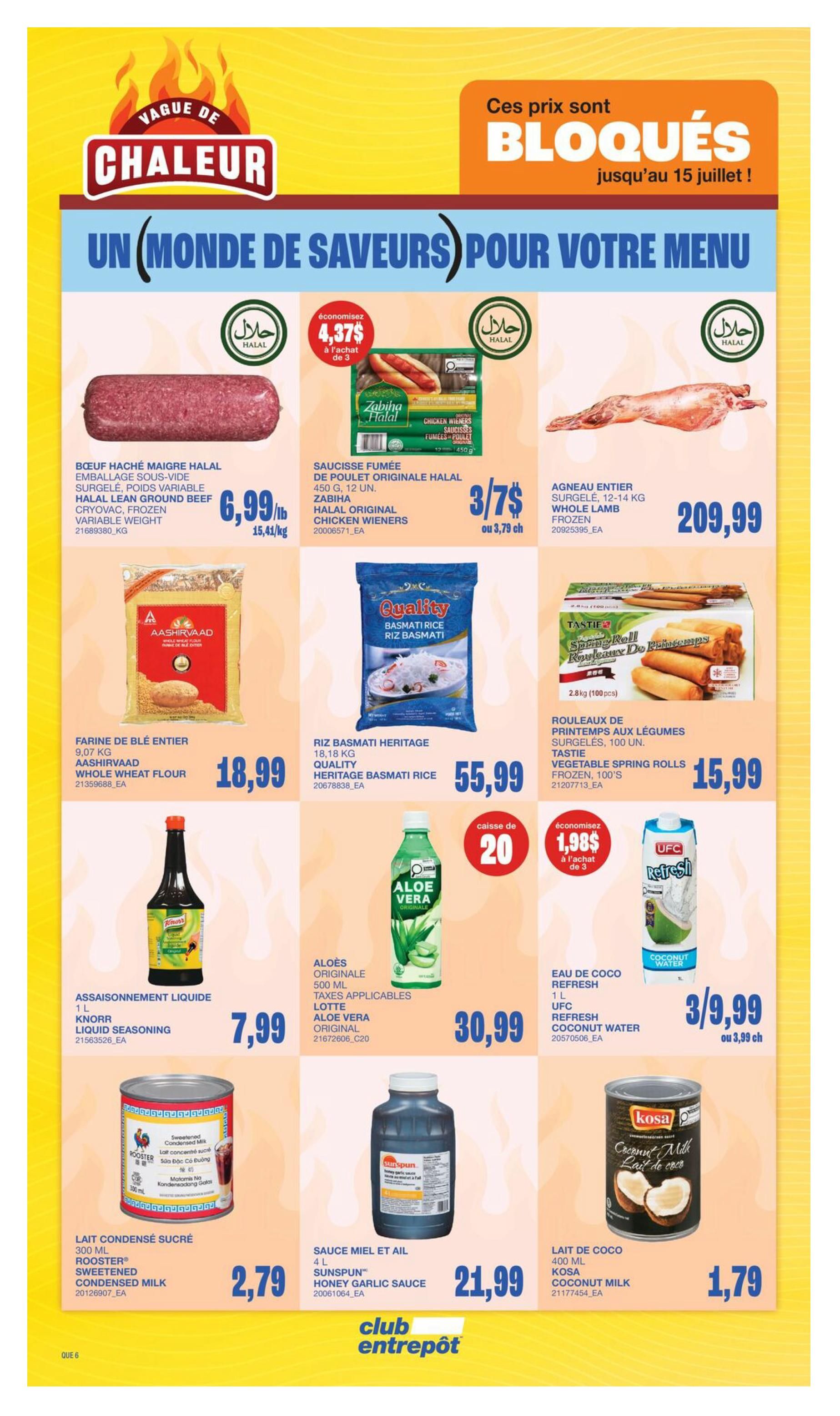Wholesale Club flyer page 9 features a 'Heat Wave' promotion with 'A World of Flavors for Your Menu'. Featured products include Halal lean ground beef for $6.99/lb, Zabiha Halal original chicken wieners at 3 for $7 (or $3.79 each), and a whole lamb for $209.99. Also available is Aashirvaad whole wheat flour for $18.99, Quality Heritage basmati rice for $55.99, and Tasti spring roll wrappers for $15.99. Drink options include Lotte Aloe Vera Original for $30.99 and UFC Refresh coconut water at 3 for $9.99 (or $3.99 each). Knorr liquid seasoning is $7.99. Additionally, Rooster sweetened condensed milk is $2.79, Sunspun honey garlic sauce is $21.99, and Kosa coconut milk is $1.79.