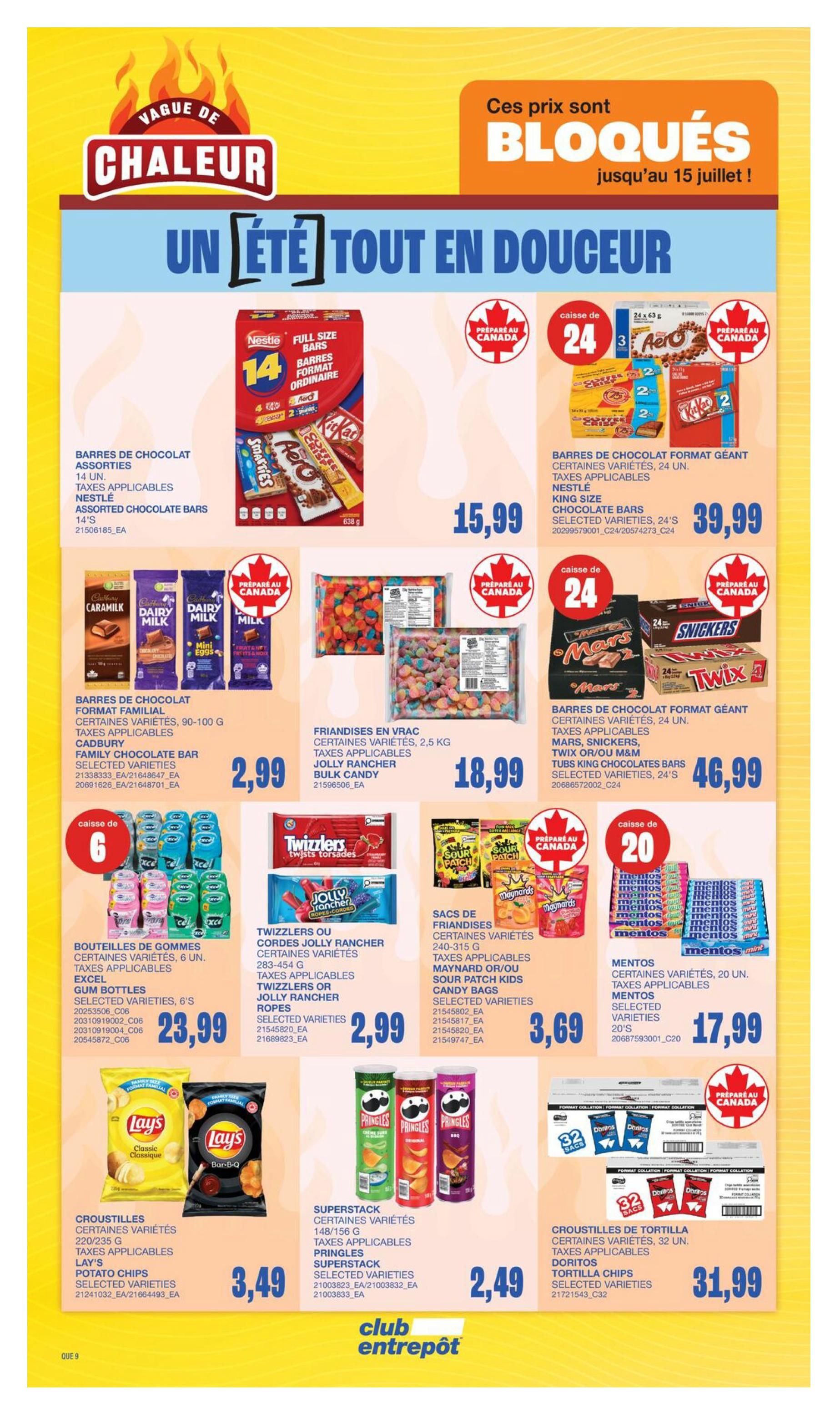 Wholesale Club flyer page 12 features a summer promotion with 'Vague de Chaleur' (Heat Wave) and 'Un Été Tout en Douceur' (A Summer Full of Sweetness). Featured products include Nestlé 14-pack Assorted Chocolate Bars for $15.99, and a 24-pack of Nestlé King Size Chocolate Bars (Aero, Smarties, Kit Kat, Coffee Crisp) for $39.99. Cadbury Family Chocolate Bars (90-100g) are on sale for $2.99. Bulk candy options include 2.5 kg of Friandises en Vrac (Assorted Gummy Candies) for $18.99. Mars, Snickers, Twix, or M&M's King Size Chocolate Bars (24-pack) are available for $46.99. Excel Gum Bottles (6-pack) are priced at $23.99. Twizzlers or Jolly Rancher Ropes are $2.99. Maynard's or Sour Patch Kids Candy Bags (240-315g) are $3.69. Mentos (20-pack) are $17.99. Lay's Potato Chips (220-235g) are $3.49. Pringles Superstack (148-156g) are $2.49. Doritos Tortilla Chips (32-pack) are $31.99. Prices are valid until July 15th.