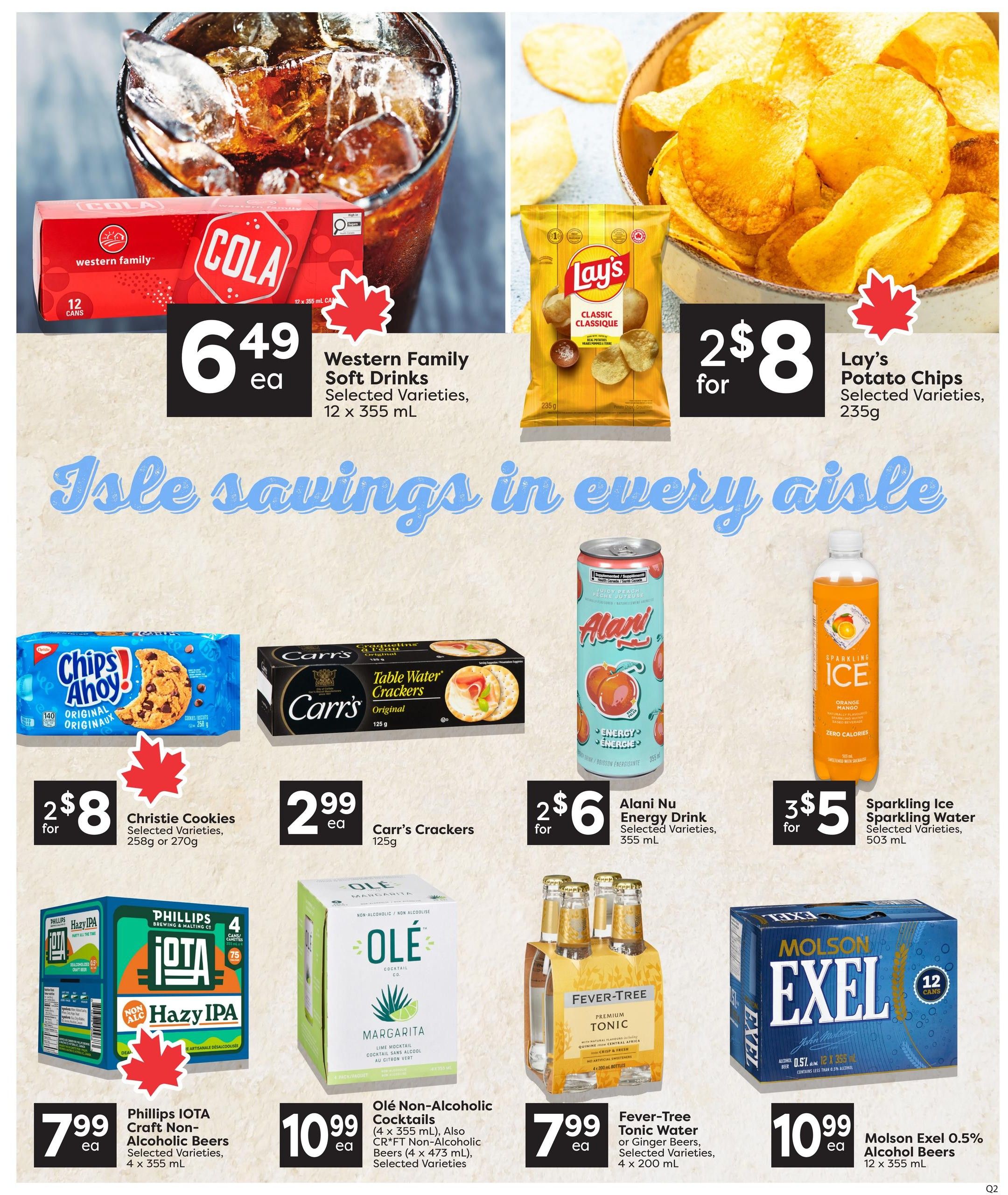 Quality Foods weekly flyer specials page 9 features a variety of beverages and snacks. Featured items include Western Family Soft Drinks, 12 x 355 mL, for $6.49 each; Lay's Potato Chips, selected varieties, 235g, for 2 for $8; Christie Cookies, selected varieties, 258g or 270g, for 2 for $8; Carr's Crackers, original, 125g, for $2.99 each; Alani Nu Energy Drink, selected varieties, 355 mL, for 2 for $6; and Sparkling Ice Sparkling Water, selected varieties, 503 mL, for 3 for $5. Also available are Phillips IOTA Craft Non-Alcoholic Beers, selected varieties, 4 x 355 mL, for $7.99 each; Olé Non-Alcoholic Cocktails, Margarita, 4 x 355 mL, or Cräft Non-Alcoholic Beers, 4 x 473 mL, selected varieties, for $10.99 each; Fever-Tree Tonic Water or Ginger Beers, selected varieties, 4 x 200 mL, for $7.99 each; and Molson Exel 0.5% Alcohol Beers, 12 x 355 mL, for $10.99 each.