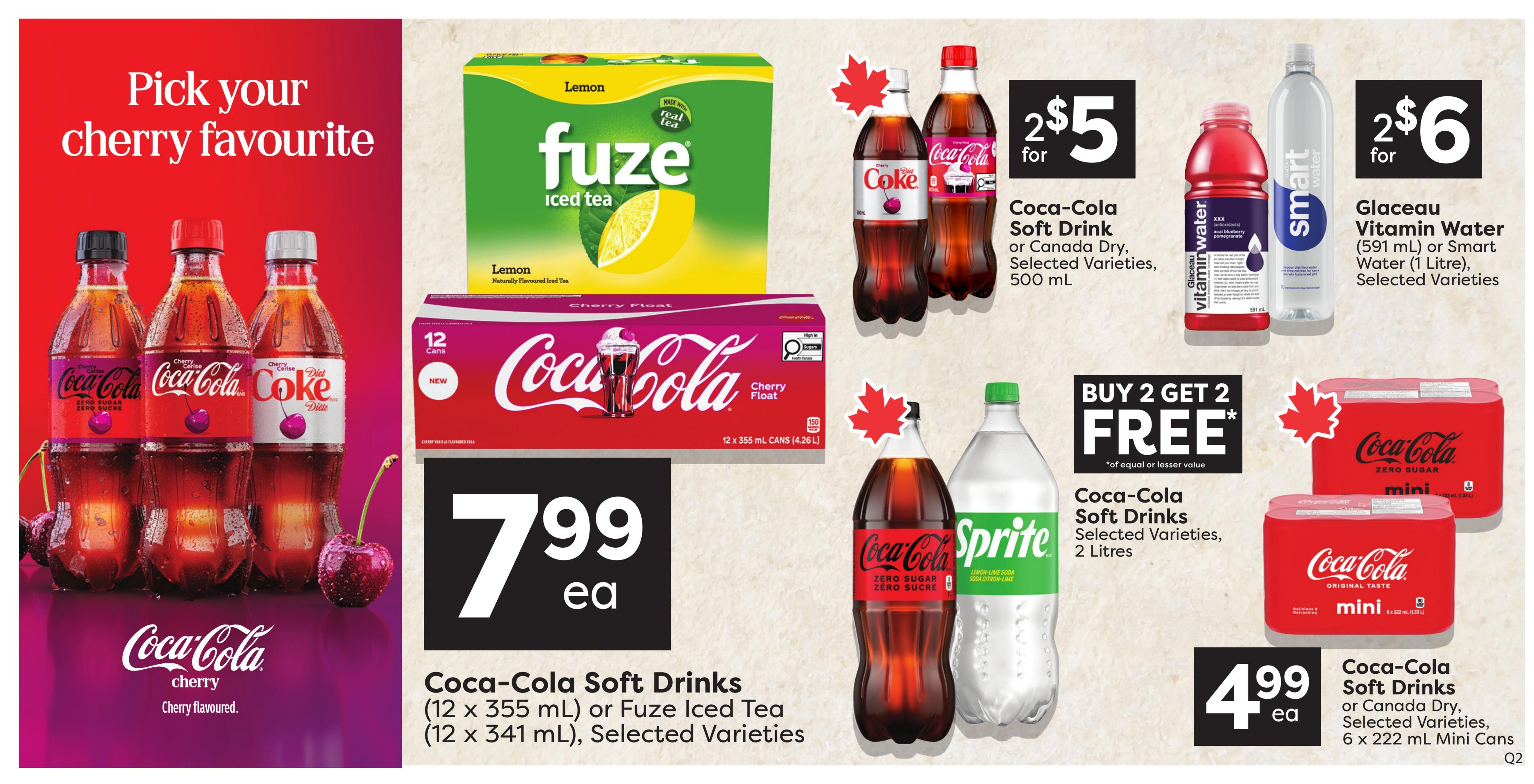 Quality Foods weekly flyer specials page 11 features a 'Pick your cherry favourite' promotion. Coca-Cola Cherry and Diet Coke Cherry flavoured drinks are prominently displayed. Also featured are Coca-Cola Soft Drinks (12 x 355 mL) or Fuze Iced Tea (12 x 341 mL) for $7.99 each. Other beverage deals include Coca-Cola Soft Drinks or Canada Dry, selected varieties, 500 mL for 2 for $5, Glaceau Vitamin Water (591 mL) or Smart Water (1 Litre) for 2 for $6. A Buy 2 Get 2 Free offer is available on Coca-Cola Soft Drinks, selected varieties, 2 Litres. Additionally, Coca-Cola Soft Drinks or Canada Dry, selected varieties, 6 x 222 mL Mini Cans are priced at $4.99 each.