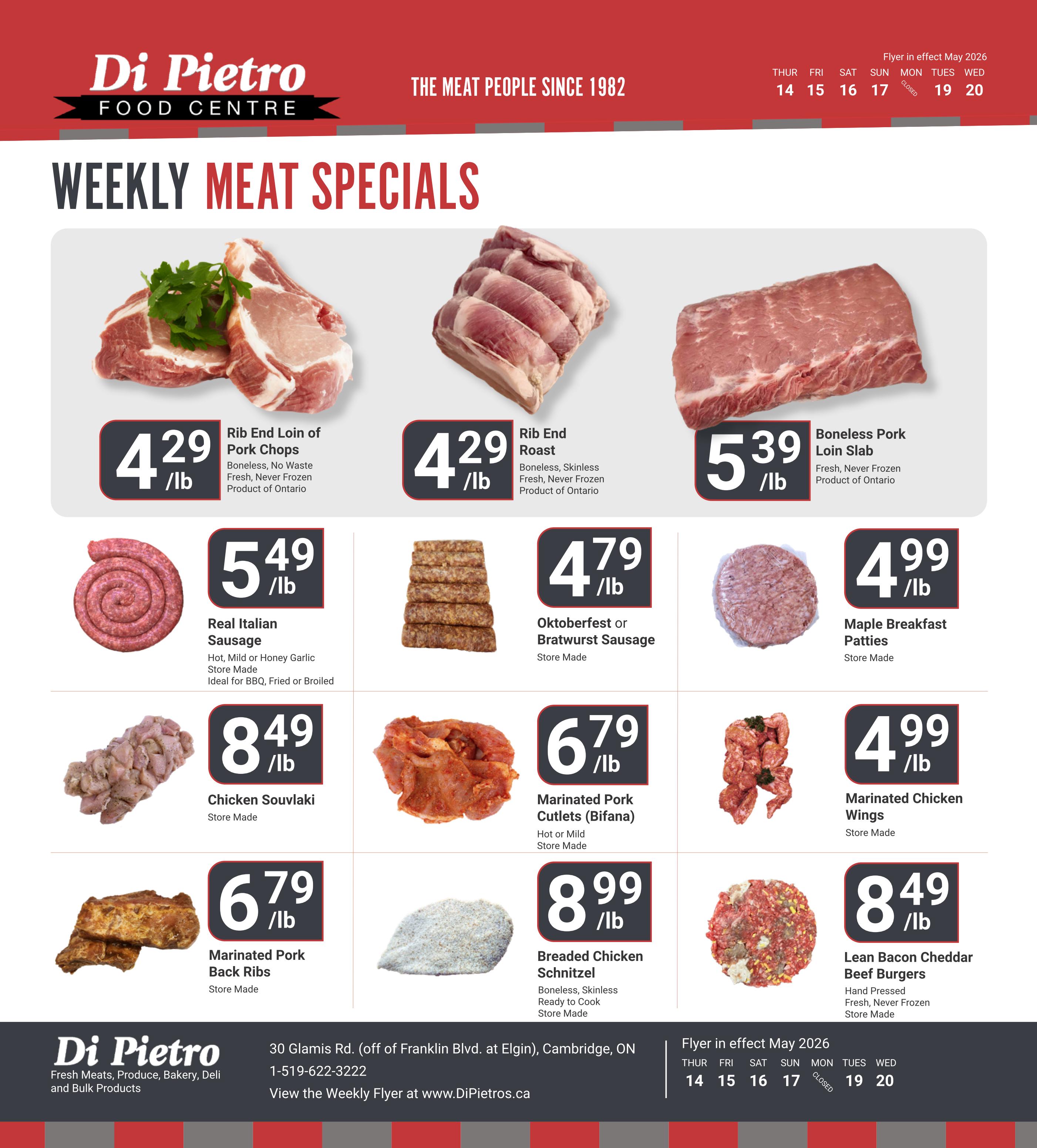 Di Pietro Food Centre Weekly Meat Specials flyer for May 14-20, 2026. Featured items include Rib End Loin of Pork Chops for $4.29/lb, Rib End Roast for $4.29/lb, and Boneless Pork Loin Slab for $5.39/lb. Also available are Real Italian Sausage for $5.49/lb, Oktoberfest or Bratwurst Sausage for $4.79/lb, and Maple Breakfast Patties for $4.99/lb. Additional specials include Chicken Souvlaki for $8.49/lb, Marinated Pork Cutlets (Bifana) for $6.79/lb, Marinated Chicken Wings for $4.99/lb, Marinated Pork Back Ribs for $6.79/lb, Breaded Chicken Schnitzel for $8.99/lb, and Lean Bacon Cheddar Beef Burgers for $8.49/lb.