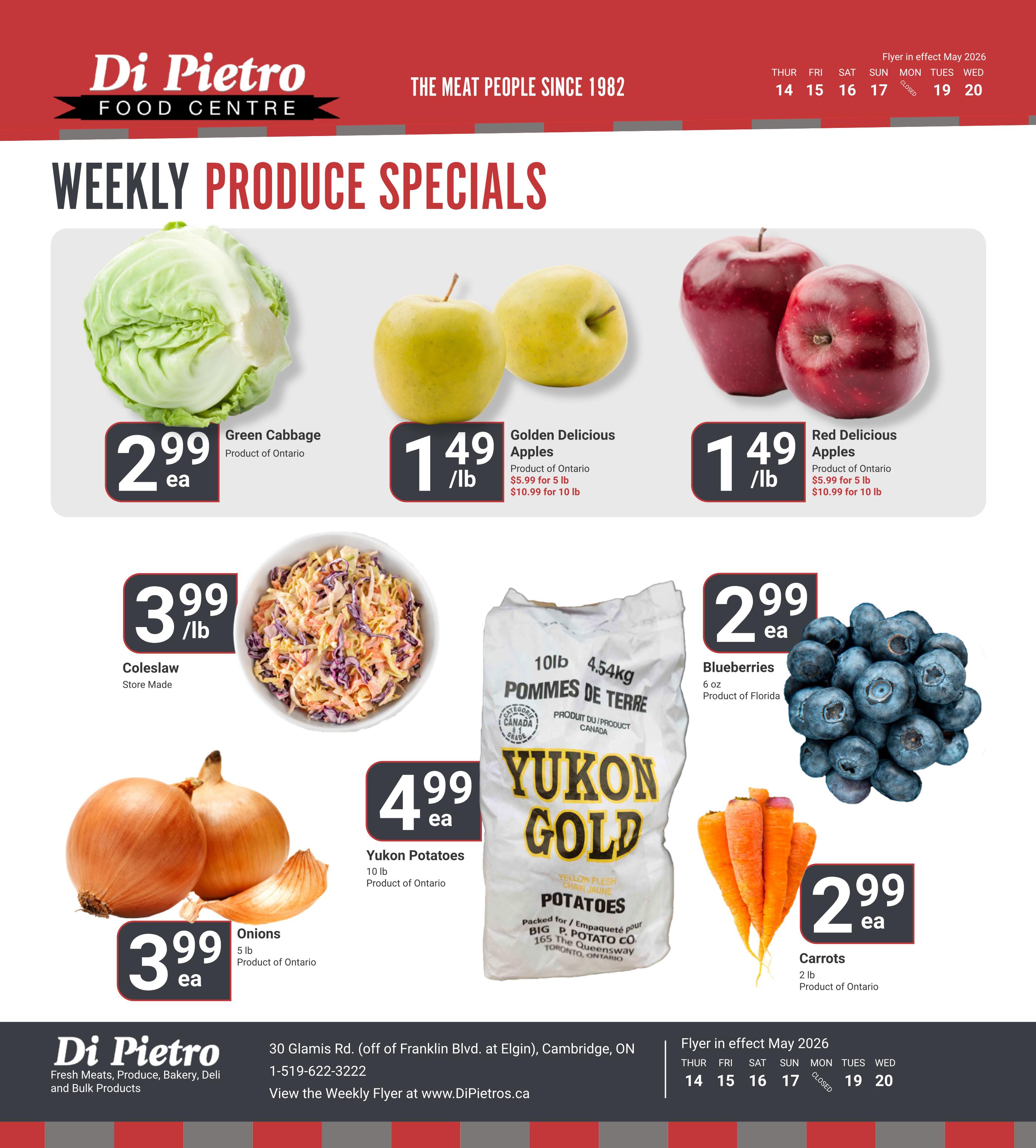 Di Pietro Food Centre weekly produce specials flyer for May 2026. Featured items include Green Cabbage for $2.99 each, Golden Delicious Apples for $1.49/lb with special pricing of $5.99 for 5 lb and $10.99 for 10 lb, and Red Delicious Apples for $1.49/lb with the same special pricing. Also available are Store Made Coleslaw for $3.99/lb, 10 lb bags of Yukon Gold Potatoes for $4.99 each, 5 lb bags of Onions from Ontario for $3.99 each, Blueberries from Florida for $2.99 each (6 oz), and Carrots from Ontario for $2.99 each (2 lb).