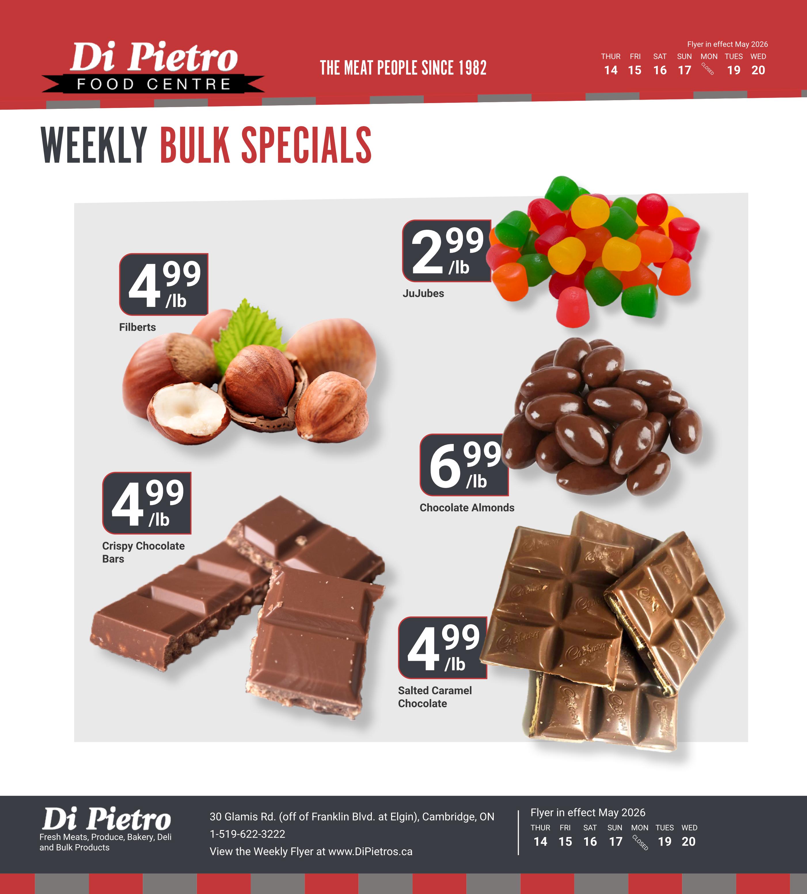 Di Pietro Food Centre Weekly Bulk Specials page featuring Filberts for $4.99/lb, Jujubes for $2.99/lb, Chocolate Almonds for $6.99/lb, and Salted Caramel Chocolate for $4.99/lb. The flyer is in effect May 2026 from the 14th to the 20th.