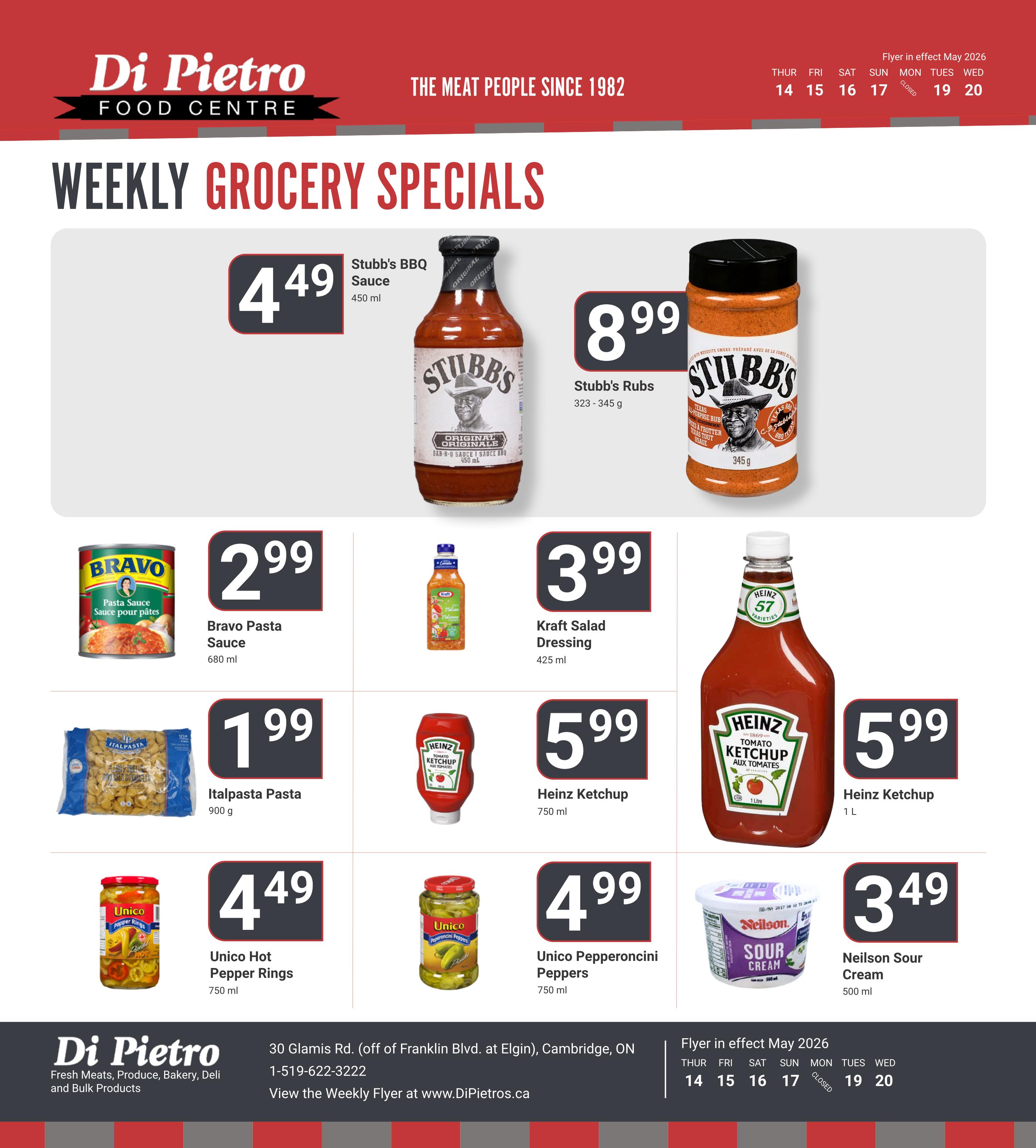 Di Pietro Food Centre weekly grocery specials page 9. Featured items include Stubb's BBQ Sauce for $4.49 (450 ml), Stubb's Rubs for $8.99 (323-345 g), Bravo Pasta Sauce for $2.99 (680 ml), Kraft Salad Dressing for $3.99 (425 ml), Italpasta Pasta for $1.99 (900 g), Heinz Ketchup for $5.99 (750 ml), Heinz Ketchup for $5.99 (1 L), Unico Hot Pepper Rings for $4.49 (750 ml), Unico Pepperoncini Peppers for $4.99 (750 ml), and Neilson Sour Cream for $3.49 (500 ml). The flyer is in effect May 2026 from the 14th to the 20th.