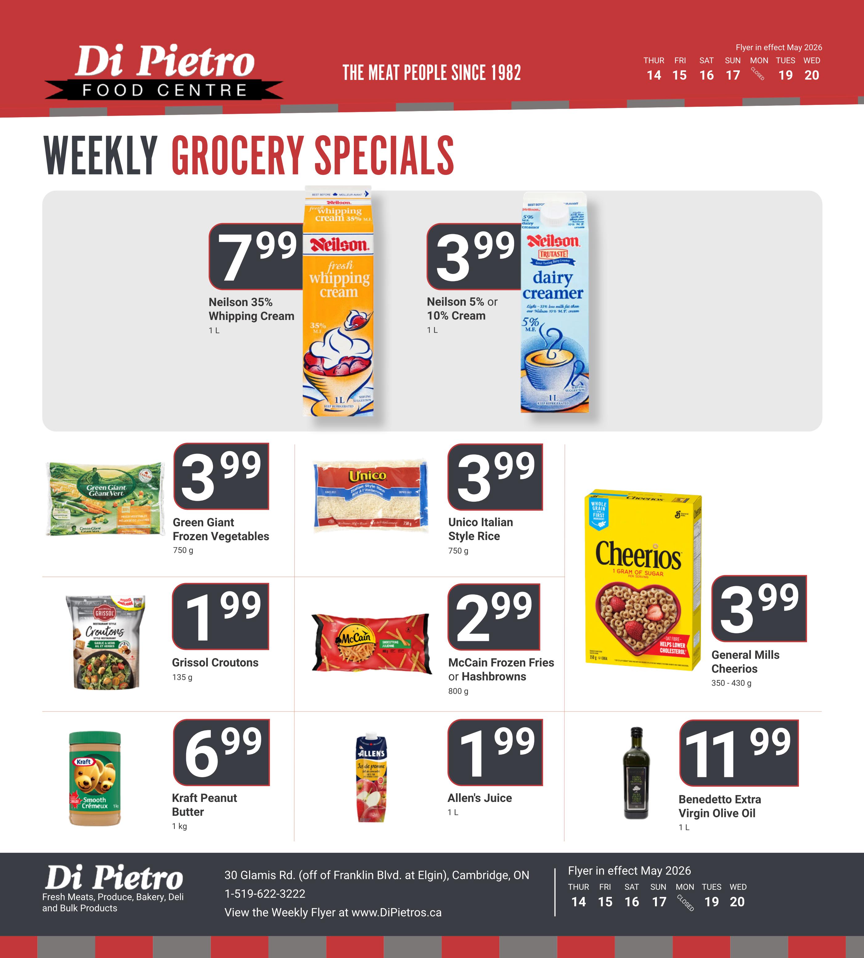 Di Pietro Food Centre weekly grocery specials flyer for May 14-20, 2026. Featured items include Neilson 35% Whipping Cream for $7.99, Neilson 5% or 10% Dairy Creamer for $3.99, Green Giant Frozen Vegetables for $3.99, Unico Italian Style Rice for $3.99, Grissol Croutons for $1.99, McCain Frozen Fries or Hashbrowns for $2.99, General Mills Cheerios cereal for $3.99, Kraft Peanut Butter for $6.99, Allen's Juice for $1.99, and Benedetto Extra Virgin Olive Oil for $11.99.
