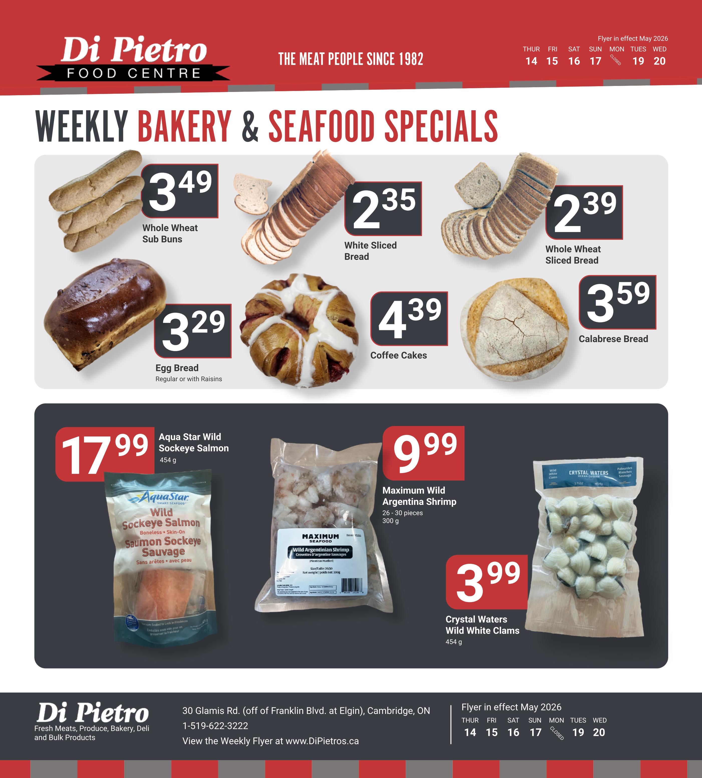 Di Pietro Food Centre weekly bakery and seafood specials flyer. Featured bakery items include Whole Wheat Sub Buns for $3.49, White Sliced Bread for $2.35, Whole Wheat Sliced Bread for $2.39, Egg Bread (Regular or with Raisins) for $3.29, and Coffee Cakes for $4.39. Seafood specials include Aqua Star Wild Sockeye Salmon (454 g) for $17.99, Maximum Wild Argentina Shrimp (26-30 pieces, 300 g) for $9.99, and Crystal Waters Wild White Clams (454 g) for $3.99. The flyer is in effect May 2026 from the 14th to the 20th.