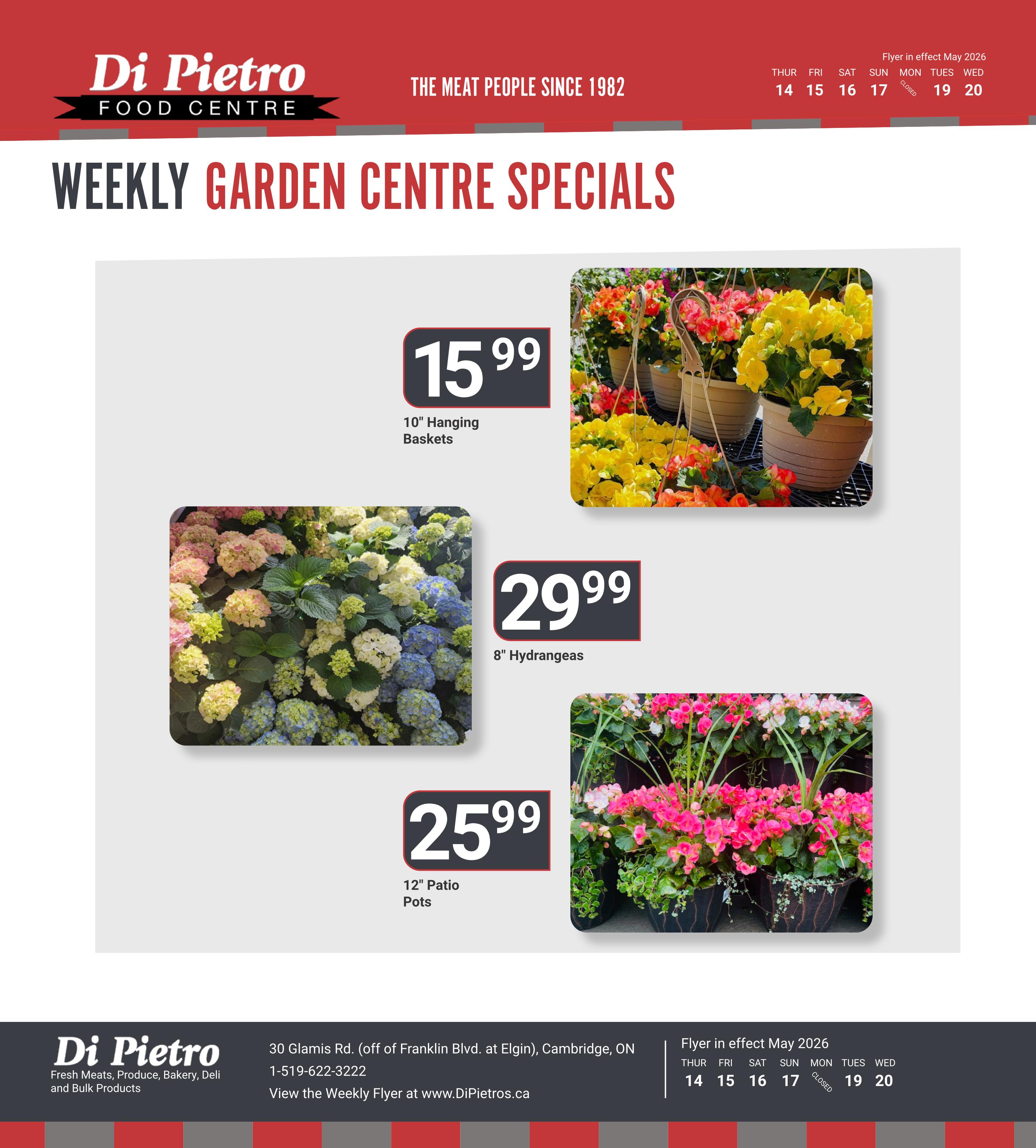 Di Pietro Food Centre Weekly Garden Centre Specials flyer for May 14-20, 2026. Featured items include 10' Hanging Baskets for $15.99, 8' Hydrangeas for $29.99, and 12' Patio Pots for $25.99. The flyer also shows images of colourful flowers and plants.