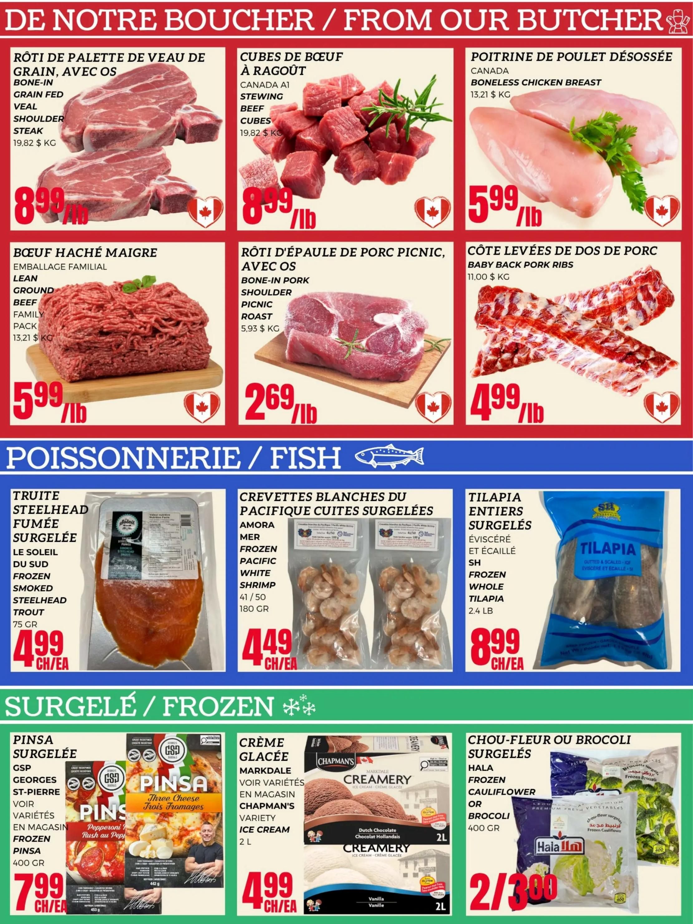 Euromarche weekly flyer specials page 2 features a 'From Our Butcher' section with Bone-in Grain Fed Veal Shoulder Steak for $8.99/lb, Canada A1 Stewing Beef Cubes for $8.99/lb, Boneless Chicken Breast for $5.99/lb, Lean Ground Beef Family Pack for $5.99/lb, Bone-in Pork Picnic Shoulder Roast for $2.69/lb, and Baby Back Pork Ribs for $4.99/lb. The 'Fish' section includes Frozen Smoked Steelhead Trout for $4.99 each, Frozen Pacific White Shrimp for $4.49 each, and Frozen Whole Tilapia for $8.99 each. The 'Frozen' section offers GSP Frozen Pinsa for $7.99 each, Chapman's Variety Ice Cream for $4.99 each, and Frozen Cauliflower or Broccoli for 2 for $3.00.