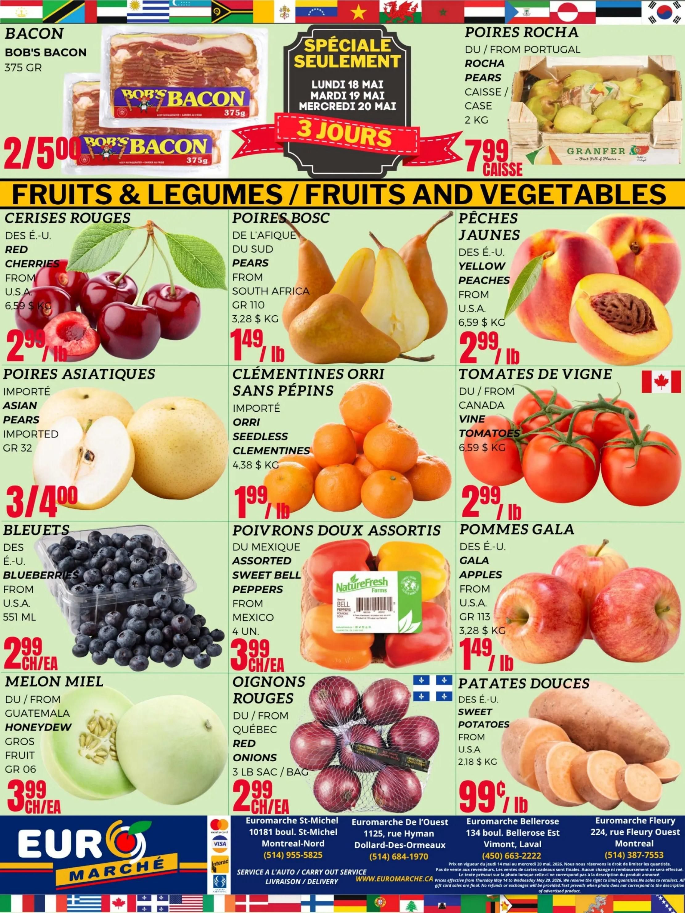 Euromarche weekly flyer specials page 5 features a special 3-day sale on Bob's Bacon, 2 for $5.00. The fruits and vegetables section includes Red Cherries from the U.S.A. for $2.99/lb, South African Pears for $1.49/lb, Yellow Peaches from the U.S.A. for $2.99/lb, Asian Pears for 3 for $4.00, Seedless Clementines for $1.99/lb, Vine Tomatoes from Canada for $2.99/lb, Blueberries from the U.S.A. for $2.99 each, Assorted Sweet Bell Peppers from Mexico for $3.99 each, Gala Apples from the U.S.A. for $1.49/lb, Honeydew Melon from Guatemala for $3.99 each, and Red Onions for $2.99 per bag. The flyer also lists Euromarche store locations and contact information in St-Michel, L'Ouest, Bellerose Est, and Fleury Ouest.