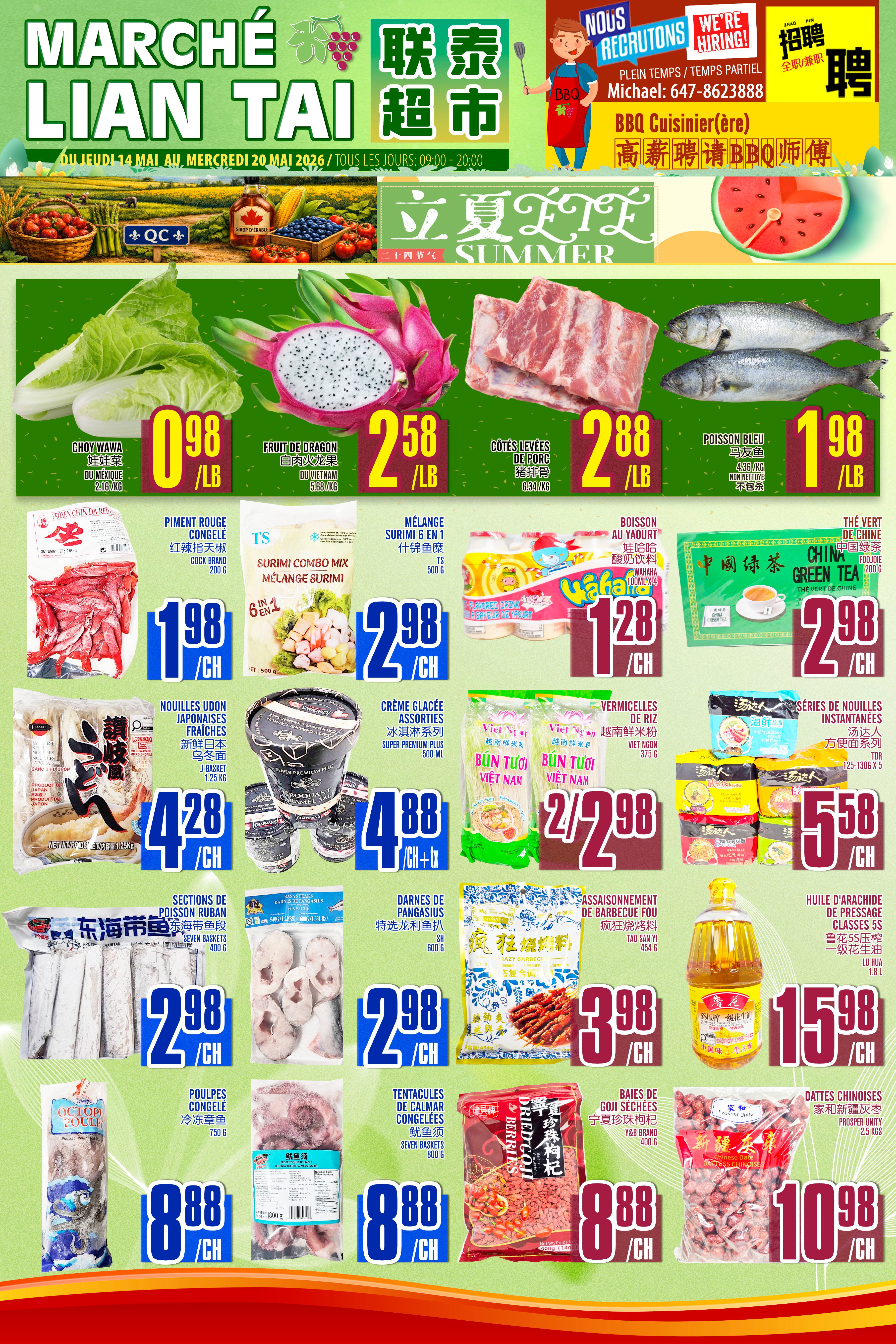 Marche Lian Tai weekly flyer specials from May 14 to May 20, 2026. Featured items include Choy Wawa for $0.98/lb, Dragon Fruit for $2.58/lb, Pork Ribs for $2.88/lb, and Blue Fish for $1.98/lb. Also available are frozen cuttlefish for $1.98 each, J-Basket Japanese Noodles for $4.28 each, Assorted Ice Cream for $2.98 each, and China Green Tea for $2.98 each. Other deals include Seven Baskets of Ribbon Fish for $2.98 each, Pangasius Steaks for $2.98 each, Frozen Chicken Wings for $1.98 each, Wahaha Yogurt Drinks for $1.28 each, Viet Nam Rice Vermicelli for $2.98 each, Instant Noodles for $5.58 each, Frozen Chicken Feet for $8.88 each, Calmar Tentacles for $8.88 each, Goji Berries for $8.88 each, and Chinese Dates for $10.98 each. The flyer also advertises hiring for BBQ Cook positions.