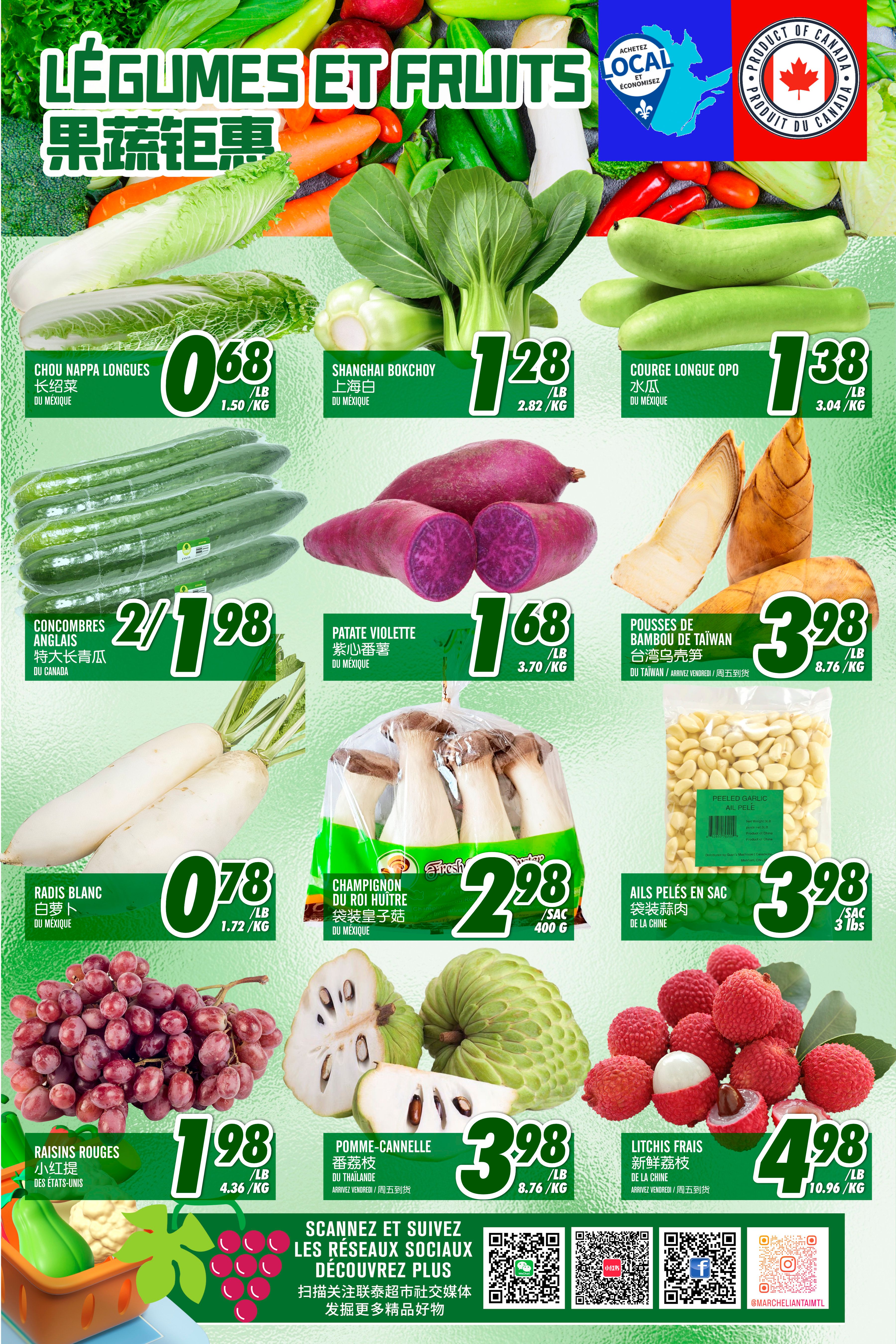 Marche Lian Tai weekly flyer specials page 2 features a variety of fresh produce. Highlights include Chou Nappa Longues (Napa Cabbage) for $0.68/lb, Shanghai Bok Choy for $1.28/lb, and Long Courge OPO (OPO Long Gourd) for $1.38/lb. Cucumbers are on sale for 2 for $1.98. Purple Sweet Potatoes (Patate Violette) are $1.68/lb. White Radishes (Radis Blanc) are $0.78/lb. King Oyster Mushrooms (Champignon Du Roi Huitre) are $2.98 per bag (400g). Taiwan Bamboo Shoots (Pousses De Bambou De Taiwan) are $3.98/lb. Peeled Garlic (Ails Pelés En Sac) from China is $3.98 per bag (3 lbs). Red Grapes (Raisins Rouges) from the USA are $1.98/lb. Sugar Apples (Pomme-Cannelle) from Thailand are $3.98/lb. Fresh Lychees (Litchis Frais) from China are $4.98/lb. The page also includes social media QR codes and handles for Marche Lian Tai.