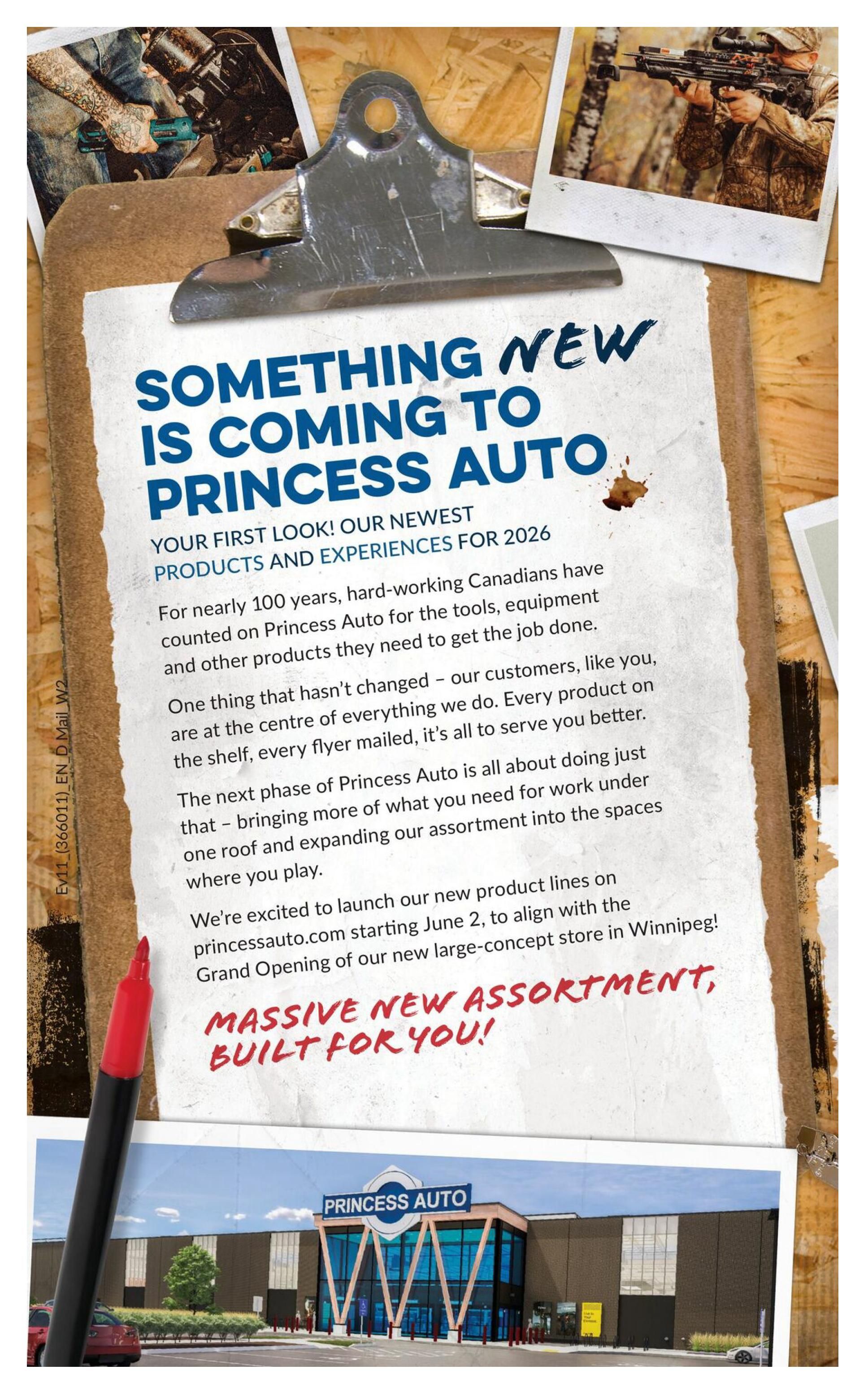 Princess Auto flyer page 3 announces 'Something New Is Coming To Princess Auto' with a first look at their newest products and experiences for 2026. The text highlights nearly 100 years of service to Canadians, emphasizing their commitment to providing the tools and equipment needed for any job. It announces the next phase of Princess Auto, focusing on expanding their assortment and bringing more needed items under one roof. They are launching new product lines on princessauto.com starting June 2, coinciding with the Grand Opening of their new large-concept store in Winnipeg. The page features the slogan 'Massive New Assortment, Built For You!' and includes an image of the new Princess Auto store. The flyer is valid from May 19 to May 31, 2026.