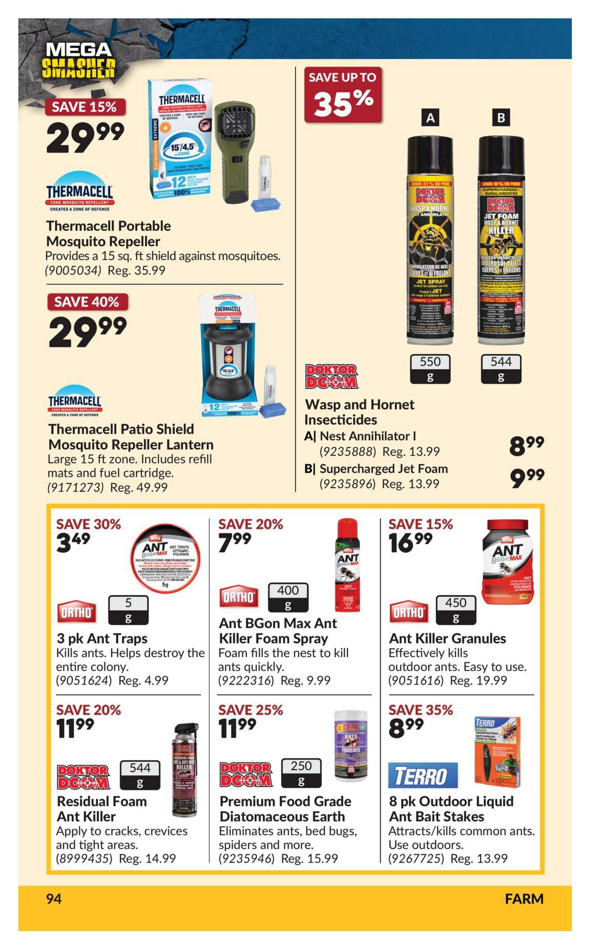 Princess Auto flyer page 10 featuring pest control products. Save 15% on the Thermacell Portable Mosquito Repeller for $29.99, regularly $35.99. Save 40% on the Thermacell Patio Shield Mosquito Repeller Lantern for $29.99, regularly $49.99. Doktor Doom Wasp and Hornet Insecticides are on sale: Nest Annihilator I for $8.99 and Supercharged Jet Foam for $9.99. Ortho offers deals on ant control: 3 pk Ant Traps for $3.49 (save 30%), Ant BGON Max Ant Killer Foam Spray for $7.99 (save 20%), and Ant Killer Granules for $16.99 (save 15%). Doktor Doom Residual Foam Ant Killer is $11.99 (save 20%) and Premium Food Grade Diatomaceous Earth Ant Killer is $11.99 (save 25%). Terro 8 pk Outdoor Liquid Ant Bait Stakes are $8.99 (save 35%).
