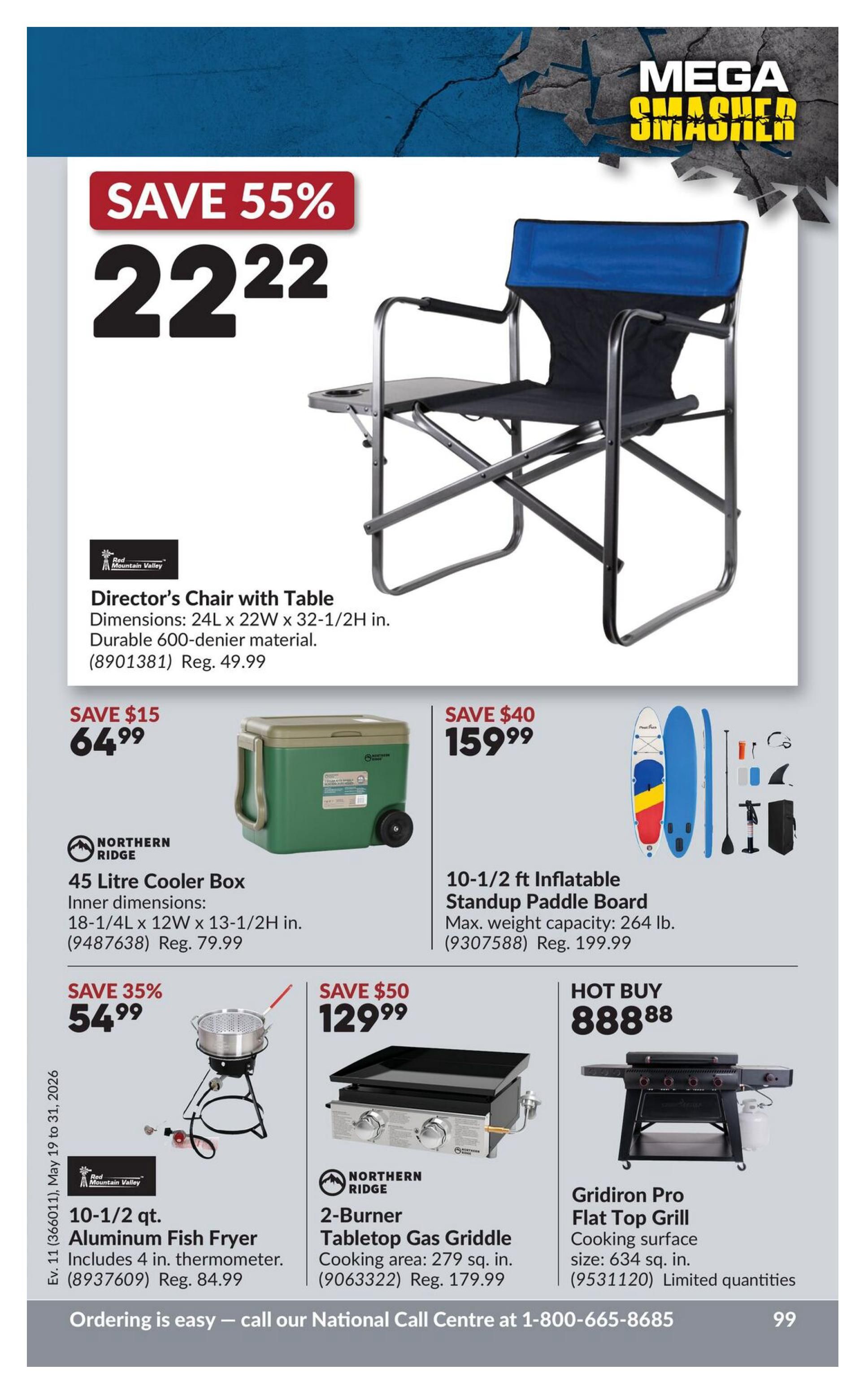 Princess Auto Mega Smasher flyer, page 15. Features a Director's Chair with Table on sale for $22.22, a 55% discount. Also available is a Northern Ridge 45 Litre Cooler Box for $64.99 (save $15). A 10-1/2 ft Inflatable Standup Paddle Board is $159.99 (save $40). The 10-1/2 qt. Aluminum Fish Fryer is $54.99 (save 35%), including a thermometer. The Northern Ridge 2-Burner Tabletop Gas Griddle is $129.99 (save $50). Finally, the Gridiron Pro Flat Top Grill is a hot buy at $888.88 with limited quantities. The flyer is valid from May 19 to May 31, 2026.
