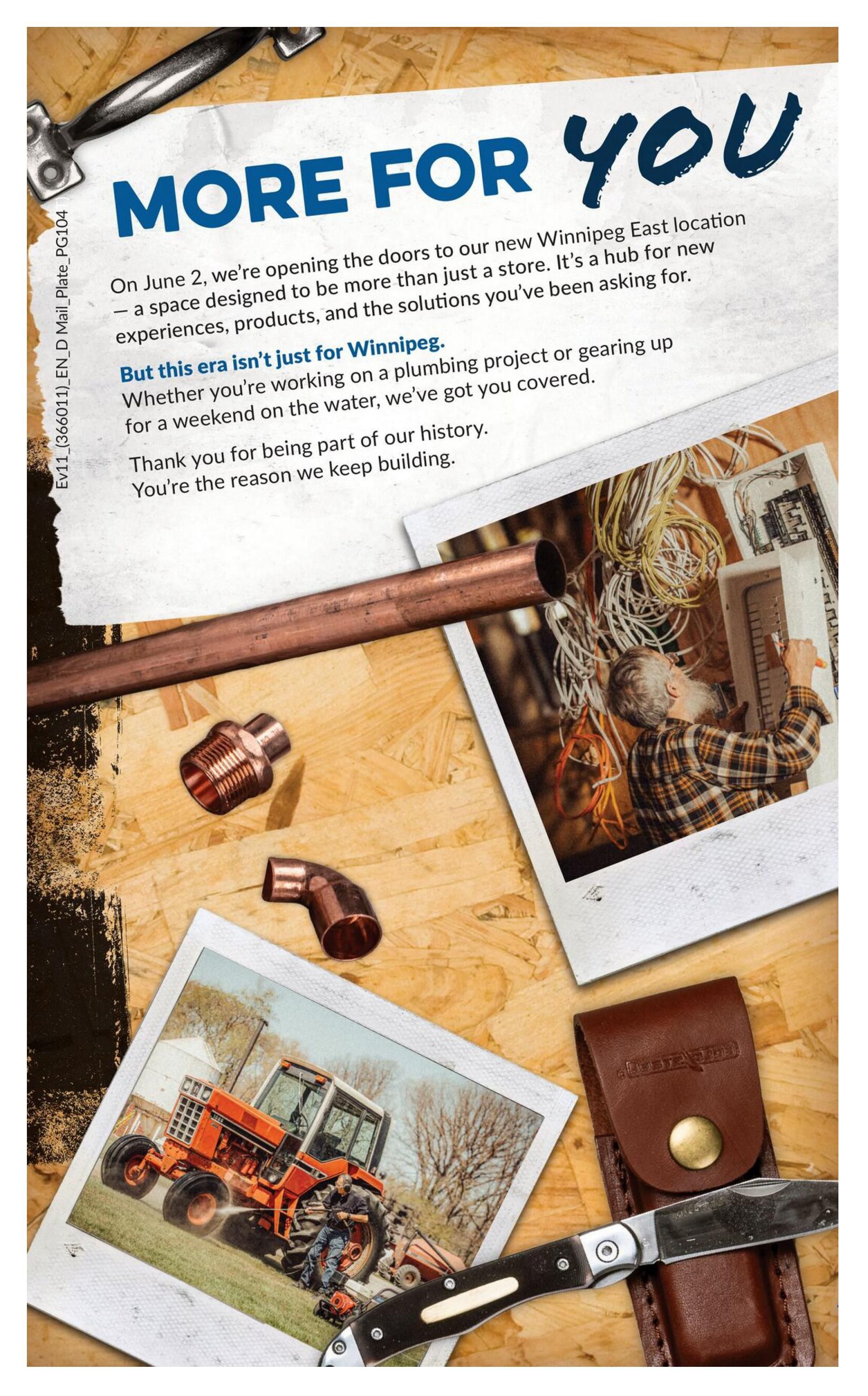 Princess Auto flyer page 21 announces the opening of a new Winnipeg East location on June 2nd, described as a hub for experiences, products, and solutions. The page features images of plumbing fittings, a person working on electrical wiring, an orange tractor with a person nearby, and a pocket knife in a leather sheath. The text emphasizes that this expansion is not just for Winnipeg and that Princess Auto has customers covered for plumbing projects or weekend activities on the water, thanking them for being part of their history.