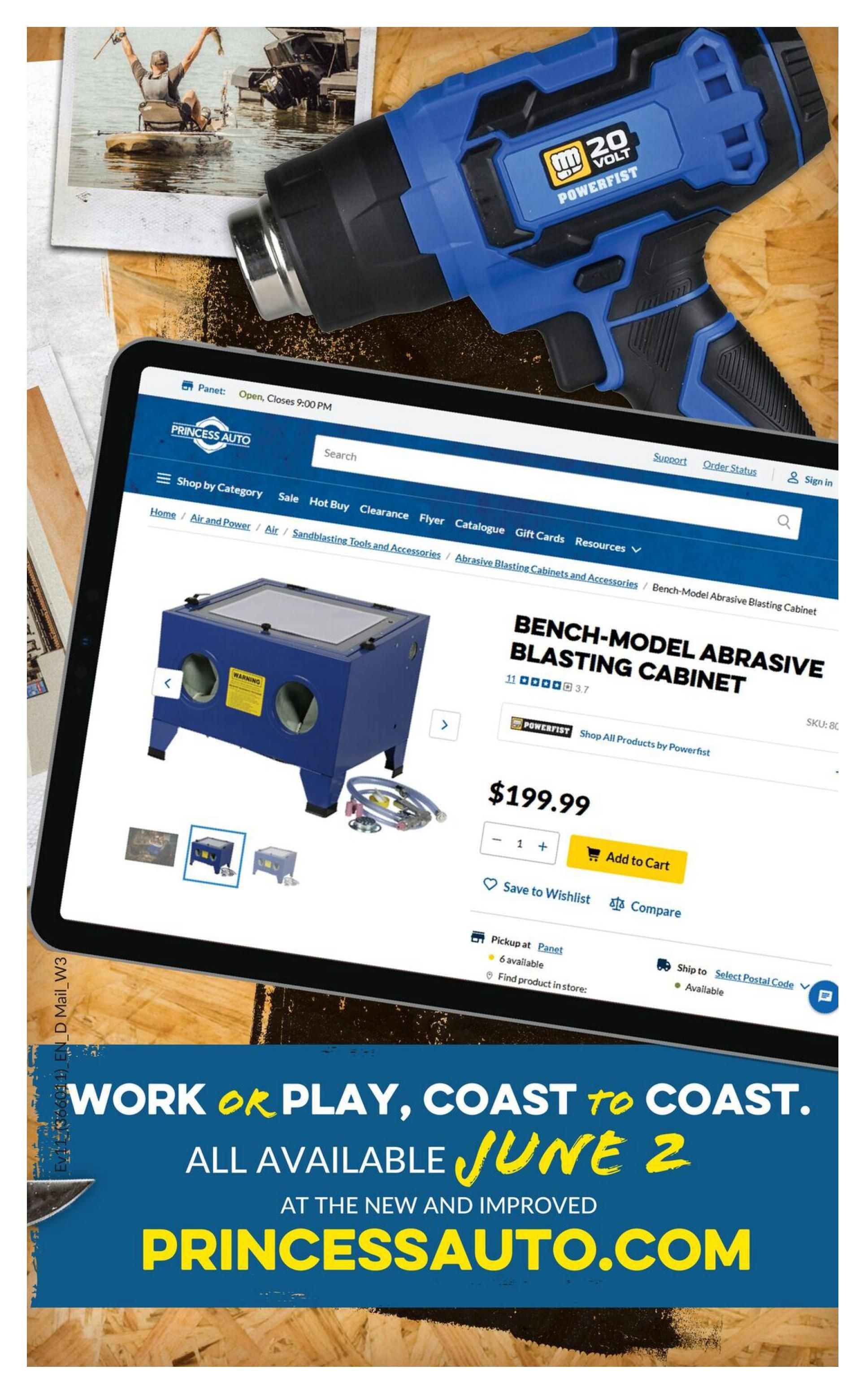Princess Auto flyer page 22 featuring a Powerfist 20-volt heat gun and a bench-model abrasive blasting cabinet priced at $199.99. The website displays product details, including customer reviews and options to add to cart or save to wishlist. Below the product, a banner announces 'Work or Play, Coast to Coast. All Available June 2 at the new and improved PrincessAuto.com.