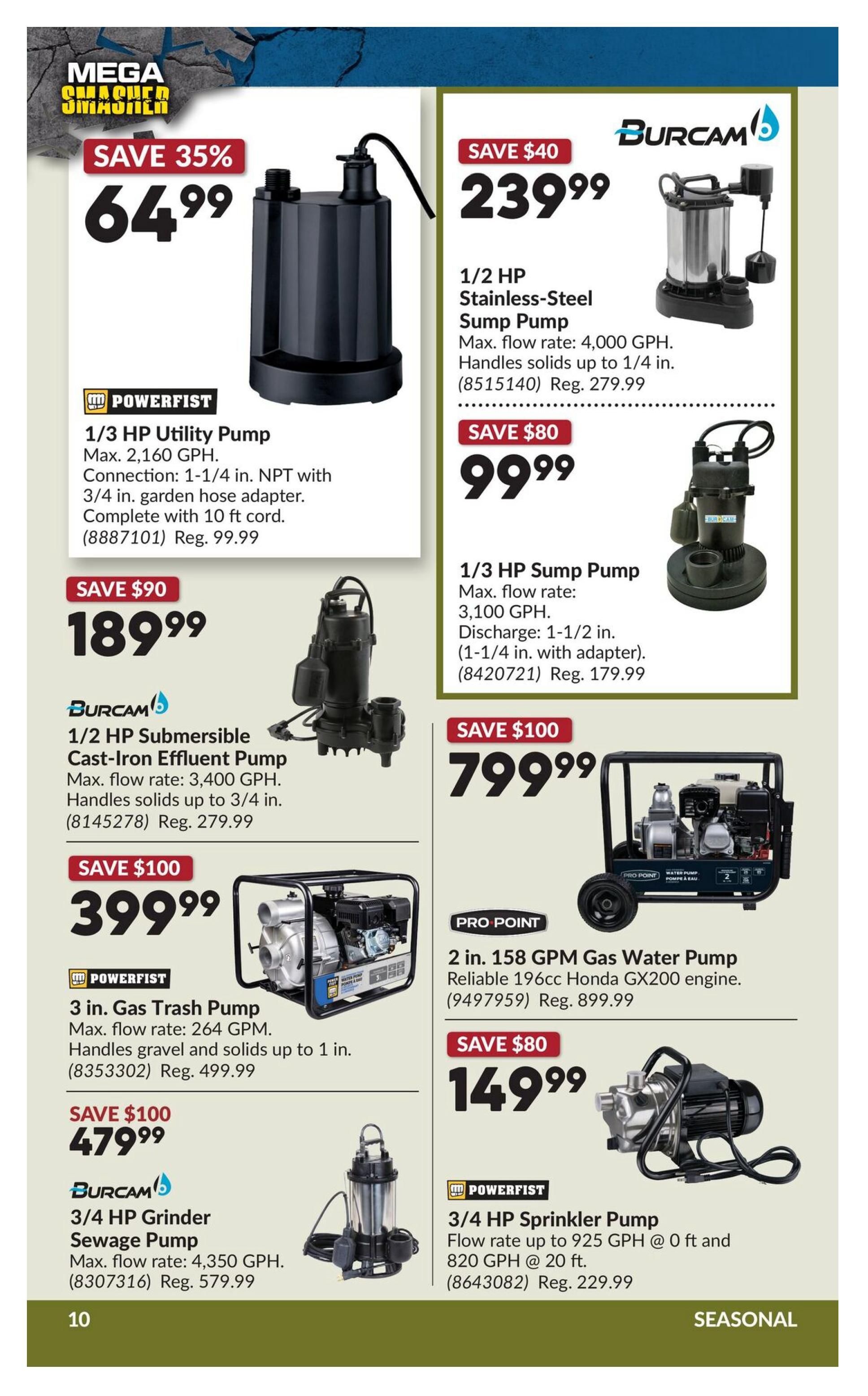 Princess Auto Mega Smasher flyer, page 26. Featured products include a Powerfist 1/3 HP Utility Pump on sale for $64.99 (Save 35%), a Burcam 1/2 HP Submersible Cast-Iron Effluent Pump for $189.99 (Save $90), a Powerfist 3 in. Gas Trash Pump for $399.99 (Save $100), and a Burcam 3/4 HP Grinder Sewage Pump for $479.99 (Save $100). On the right side, a Burcam 1/2 HP Stainless-Steel Sump Pump is on sale for $239.99 (Save $40), a 1/3 HP Sump Pump for $99.99 (Save $80), a Pro Point 2 in. 158 GPM Gas Water Pump for $799.99 (Save $100), and a Powerfist 3/4 HP Sprinkler Pump for $149.99 (Save $80). The page also indicates 'SEASONAL' items.