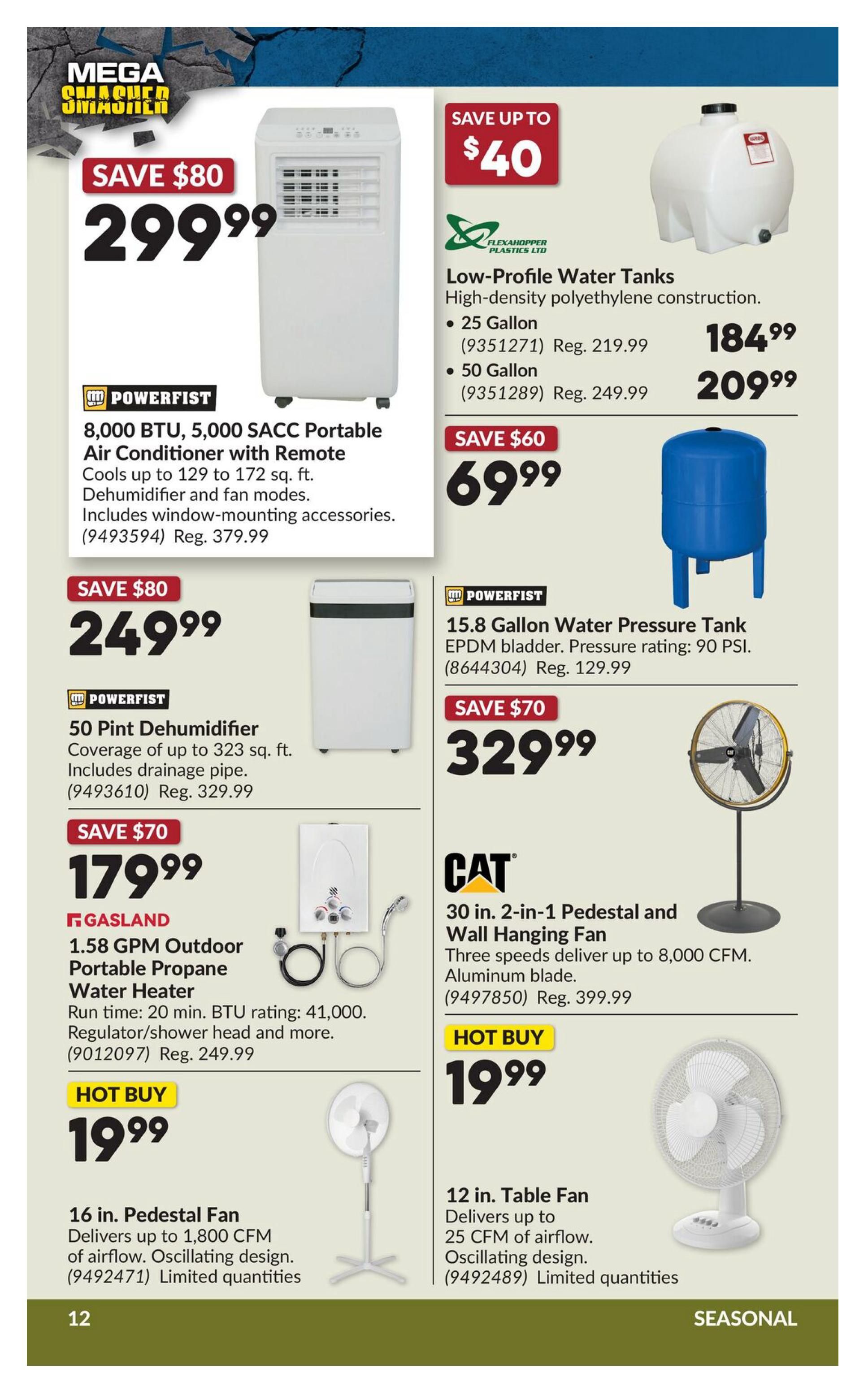 Princess Auto Mega Smasher flyer, page 28. Features a Powerfist 8,000 BTU, 5,000 SACC Portable Air Conditioner with remote for $299.99, saving $80. Also available is a Powerfist 50 Pint Dehumidifier for $249.99, saving $80. Gasland 1.58 GPM Outdoor Portable Propane Water Heater is on hot buy for $19.99. A 16 in. Pedestal Fan is also a hot buy for $19.99. On the right side, Flexahoppper Plastics Ltd Low-Profile Water Tanks are on sale: 25 Gallon for $184.99 (regular $219.99) and 50 Gallon for $209.99 (regular $249.99). A Powerfist 15.8 Gallon Water Pressure Tank is $69.99, saving $60. A CAT 30 in. 2-in-1 Pedestal and Wall Hanging Fan is $329.99, saving $70. Another hot buy is a 12 in. Table Fan for $19.99.