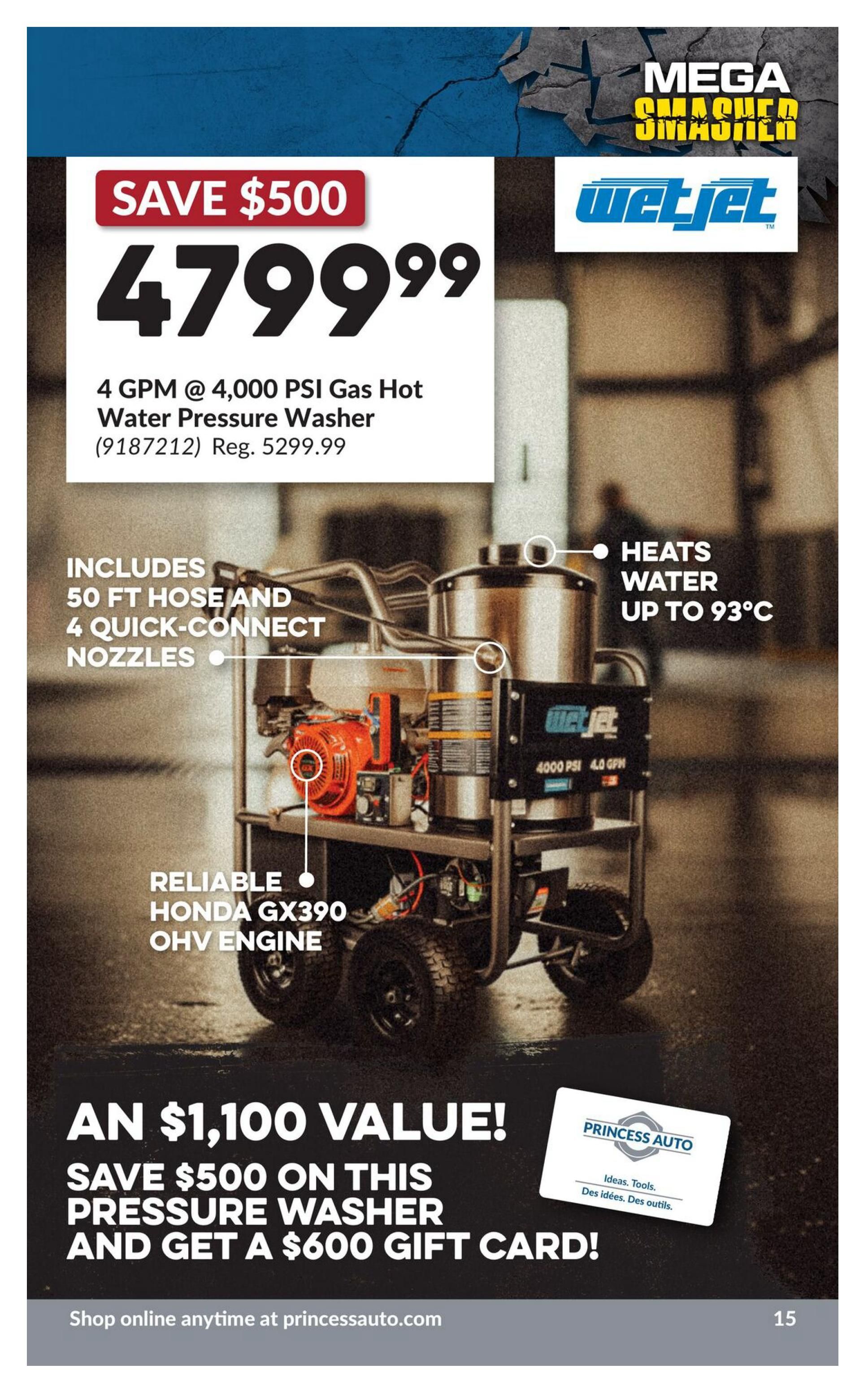 Princess Auto Mega Smasher flyer page 31 features a WetJet 4 GPM @ 4,000 PSI Gas Hot Water Pressure Washer for $479.99, a saving of $500 from its regular price of $529.99. This pressure washer includes a 50 ft hose and 4 quick-connect nozzles, and features a reliable Honda GX390 OHV engine. It heats water up to 93°C. The page highlights an overall value of $1,100, with the $500 savings on the pressure washer and an additional $600 Princess Auto gift card offer. The bottom of the page includes the Princess Auto logo and website, princessauto.com, for online shopping.