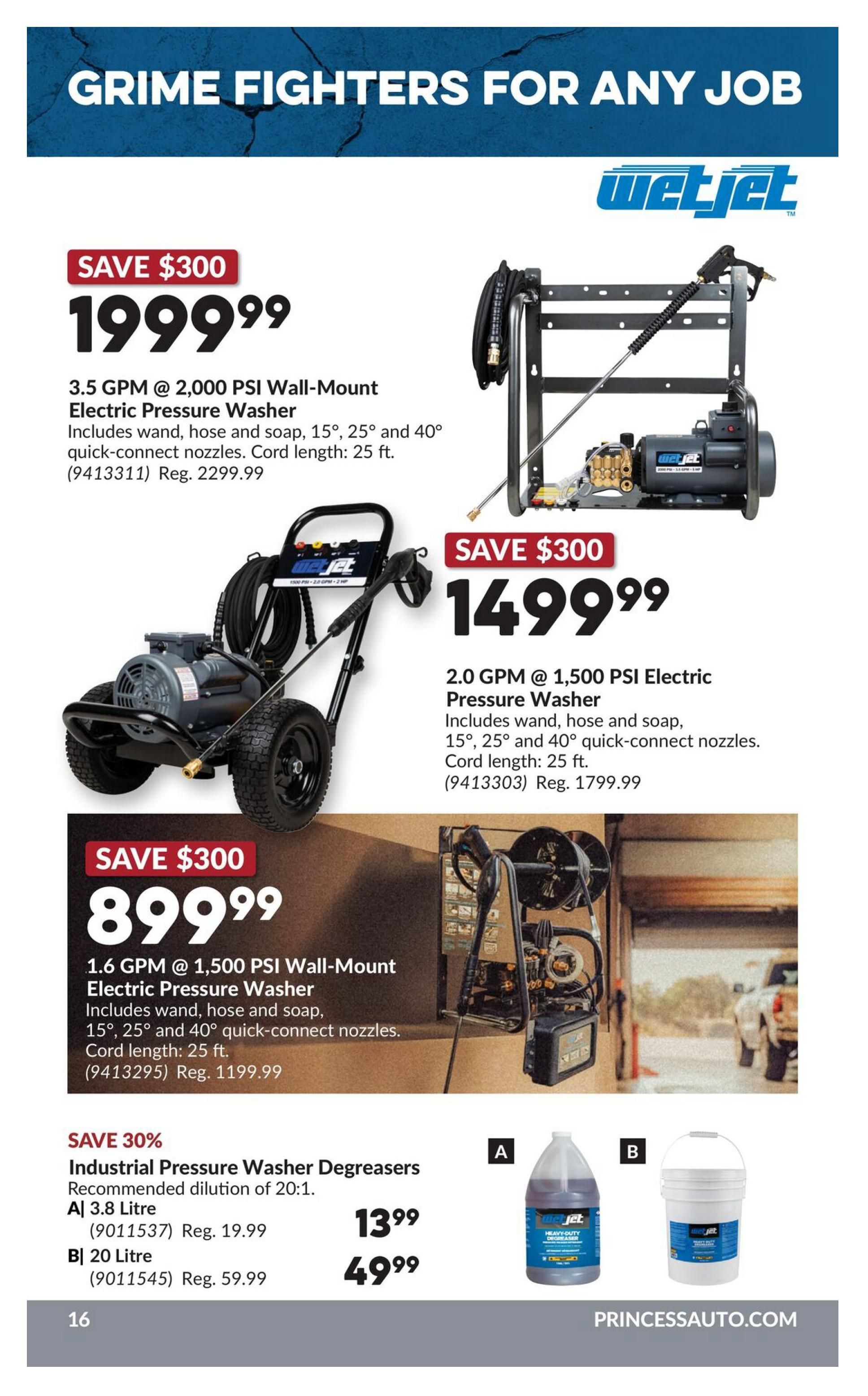 Princess Auto flyer page 32 features 'Grime Fighters for Any Job' with WetJet pressure washers. The top offer is a 3.5 GPM @ 2,000 PSI Wall-Mount Electric Pressure Washer for $199.99, saving $300 off the regular price of $229.99. It includes a wand, hose, soap, 15°, 25°, and 40° quick-connect nozzles, and a 25 ft. cord. Next, a 2.0 GPM @ 1,500 PSI Electric Pressure Washer is on sale for $149.99, also saving $300 off the regular price of $179.99. This model also includes a wand, hose, soap, 15°, 25°, and 40° quick-connect nozzles, and a 25 ft. cord. Below, a 1.6 GPM @ 1,500 PSI Wall-Mount Electric Pressure Washer is priced at $899.99, saving $300 off the regular price of $1199.99, with similar accessories and a 25 ft. cord. The page also advertises a 30% savings on Industrial Pressure Washer Degreasers, with a recommended dilution of 20:1. The 3.8 Litre size is $13.99 (regularly $19.99), and the 20 Litre size is $49.99 (regularly $59.99). The page number is 16 and the website is PrincessAuto.com.