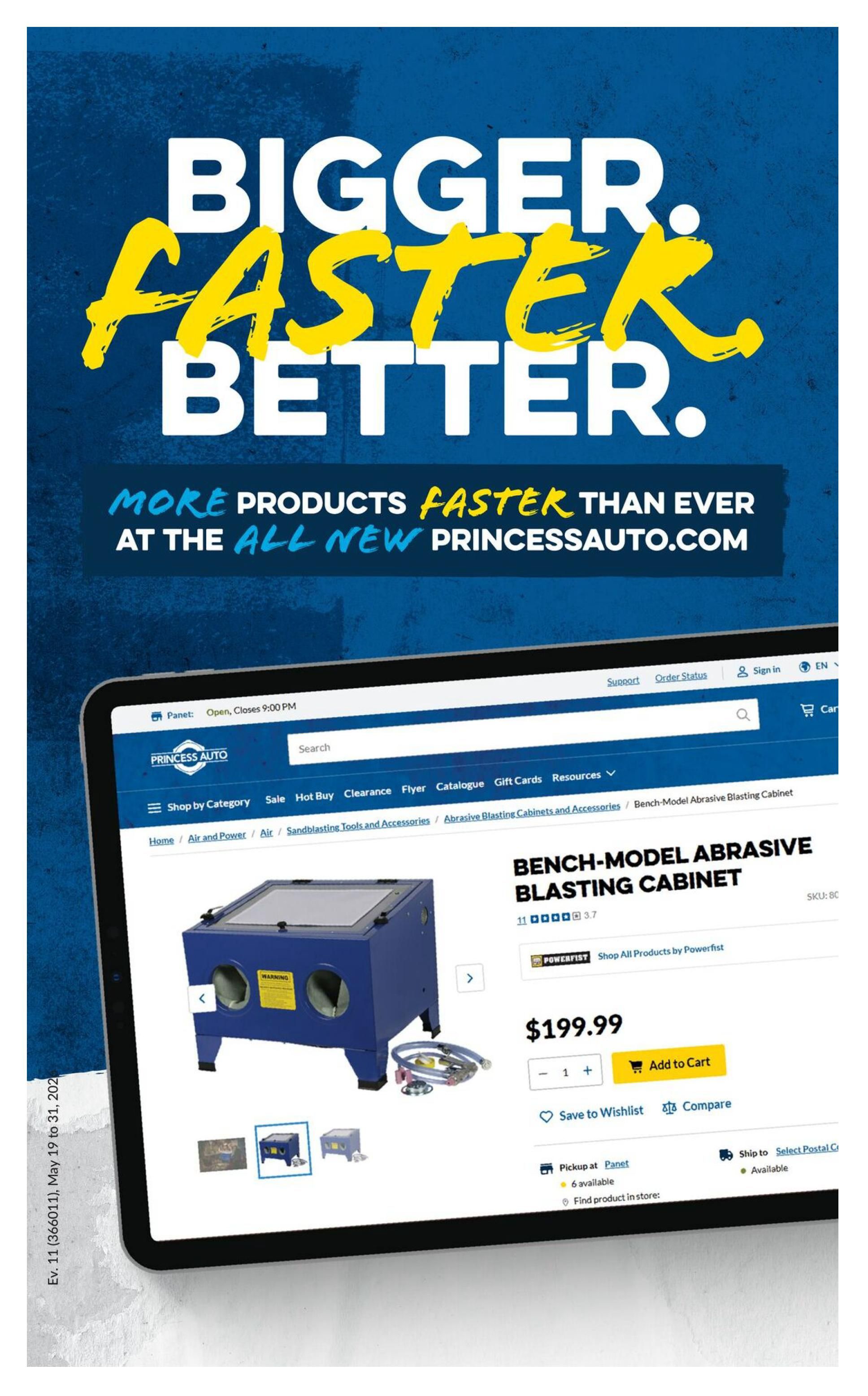 Princess Auto flyer page 35 featuring a Bench-Model Abrasive Blasting Cabinet priced at $199.99. The page also displays the Princess Auto website with navigation links for Shop by Category, Sale, Hot Buy, Clearance, Flyer, Catalogue, Gift Cards, and Resources. The main banner reads 'BIGGER. FASTER. BETTER. MORE PRODUCTS FASTER THAN EVER AT THE ALL NEW PRINCESSAUTO.COM'. The blasting cabinet is shown with multiple images and details including SKU: BC, Powerfist brand, and options to Save to Wishlist or Compare. Pickup is available at Panet, with 6 available, and shipping options include Select Postal Code, with availability indicated.