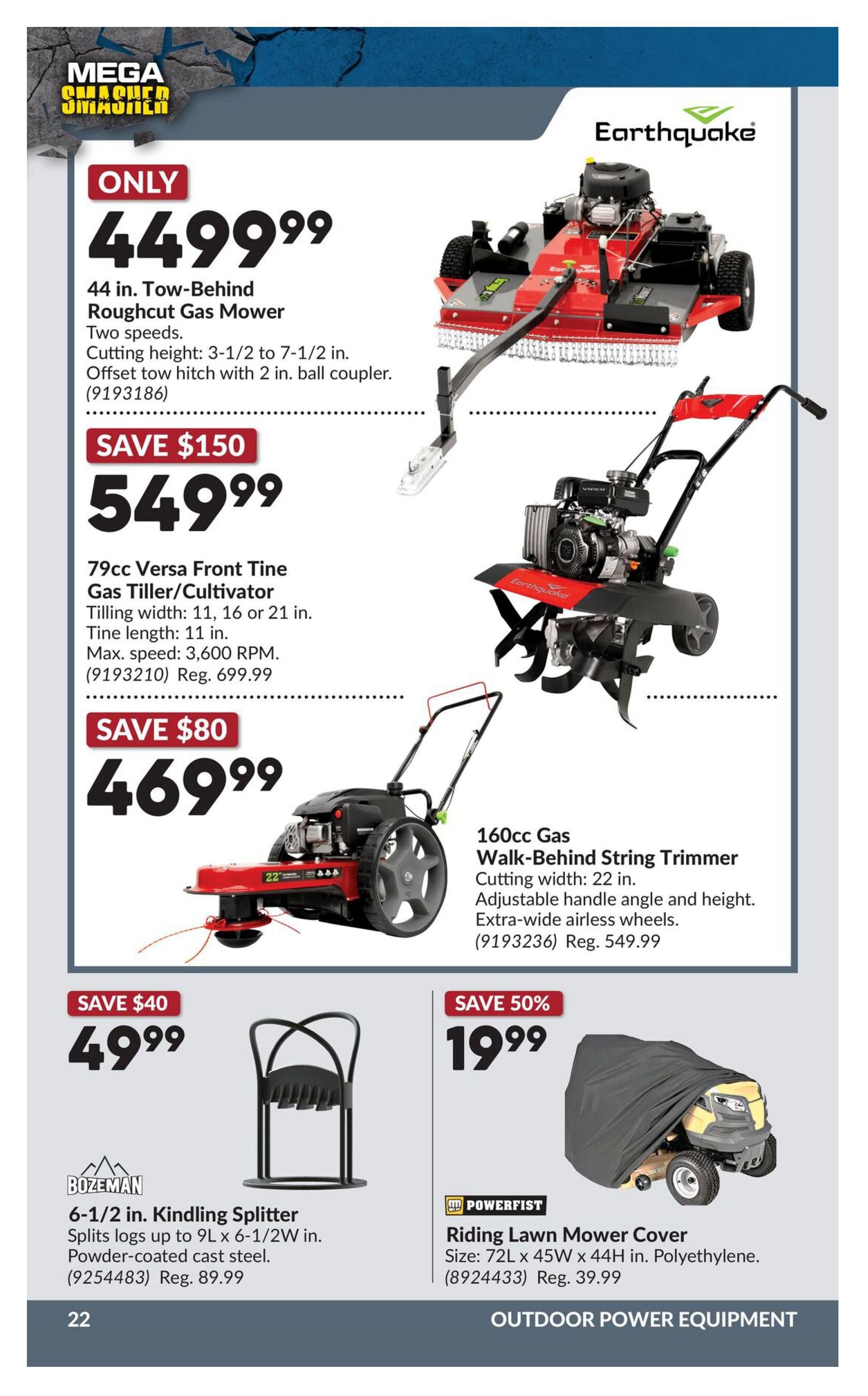 Princess Auto flyer page 38 features 'Mega Smasher' deals on outdoor power equipment. Highlighted items include a 44 in. Tow-Behind Roughcut Gas Mower for $449.99, a 79cc Versa Front Tine Gas Tiller/Cultivator for $549.99 (save $150, reg. $699.99), and a 160cc Gas Walk-Behind String Trimmer for $469.99 (save $80, reg. $549.99). Also featured are a BOZEMAN 6-1/2 in. Kindling Splitter for $49.99 (save $40, reg. $89.99) and a POWERFIST Riding Lawn Mower Cover for $19.99 (save 50%, reg. $39.99).