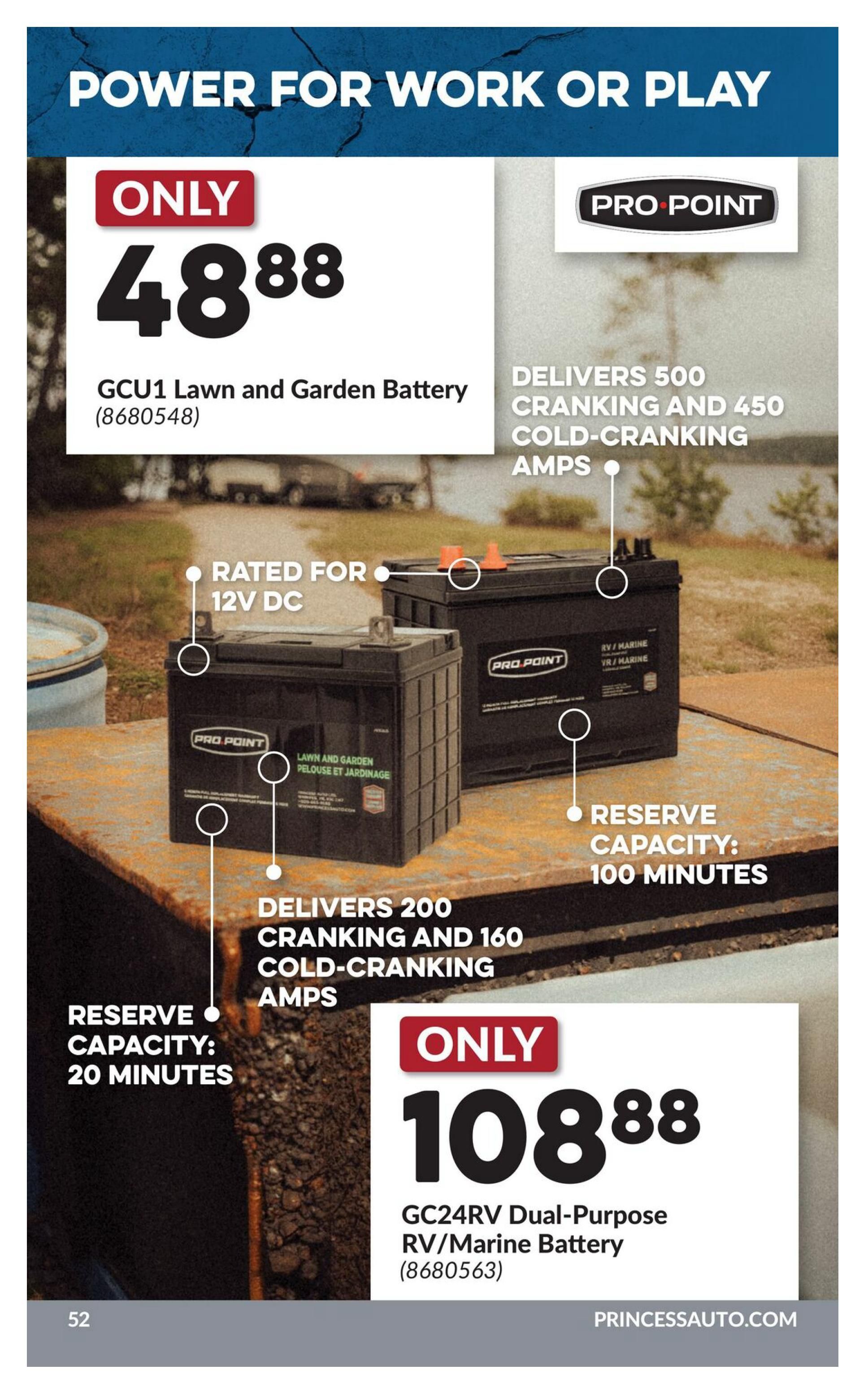 Princess Auto flyer page 69 features 'Power for Work or Play' with two Pro-Point batteries. The GCU1 Lawn and Garden Battery is on sale for only $48.88, delivering 500 cranking and 450 cold-cranking amps with a reserve capacity of 20 minutes. It is rated for 12V DC. Also featured is the GC24RV Dual-Purpose RV/Marine Battery for only $108.88, offering 200 cranking and 160 cold-cranking amps with a reserve capacity of 100 minutes.