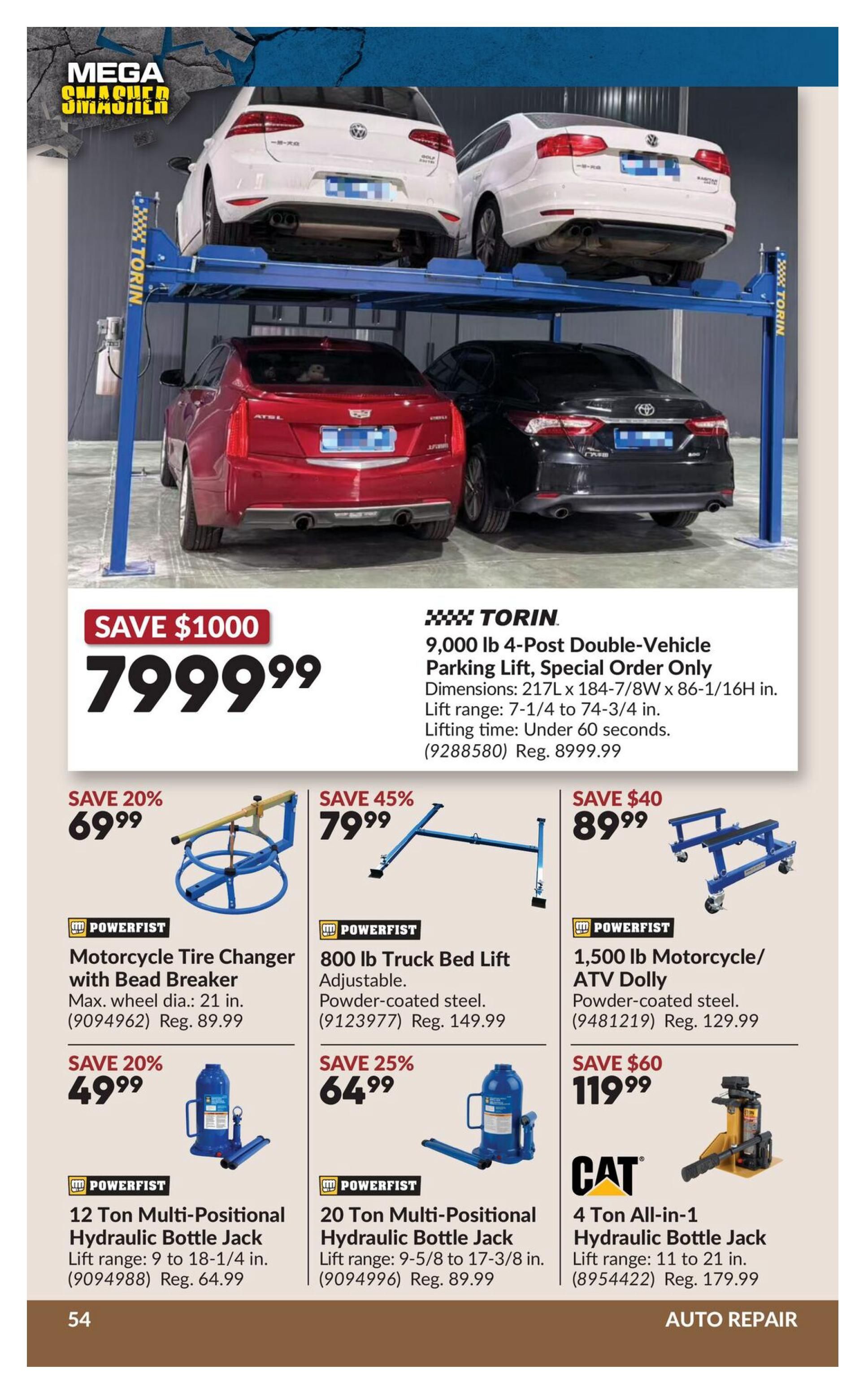 Princess Auto flyer page 71 features 'Mega Smasher' deals on auto repair equipment. A TORIN 9,000 lb 4-Post Double-Vehicle Parking Lift is on special order for $7999.99, saving $1000. Also featured are a POWERFIST Motorcycle Tire Changer with Bead Breaker for $69.99 (save 20%), a POWERFIST 800 lb Truck Bed Lift for $79.99 (save 45%), and a POWERFIST 1,500 lb Motorcycle/ATV Dolly for $89.99 (save $40). Additionally, there are POWERFIST 12 Ton Multi-Positional Hydraulic Bottle Jacks for $49.99 (save 20%), POWERFIST 20 Ton Multi-Positional Hydraulic Bottle Jacks for $64.99 (save 25%), and a CAT 4 Ton All-in-1 Hydraulic Bottle Jack for $119.99 (save $60).
