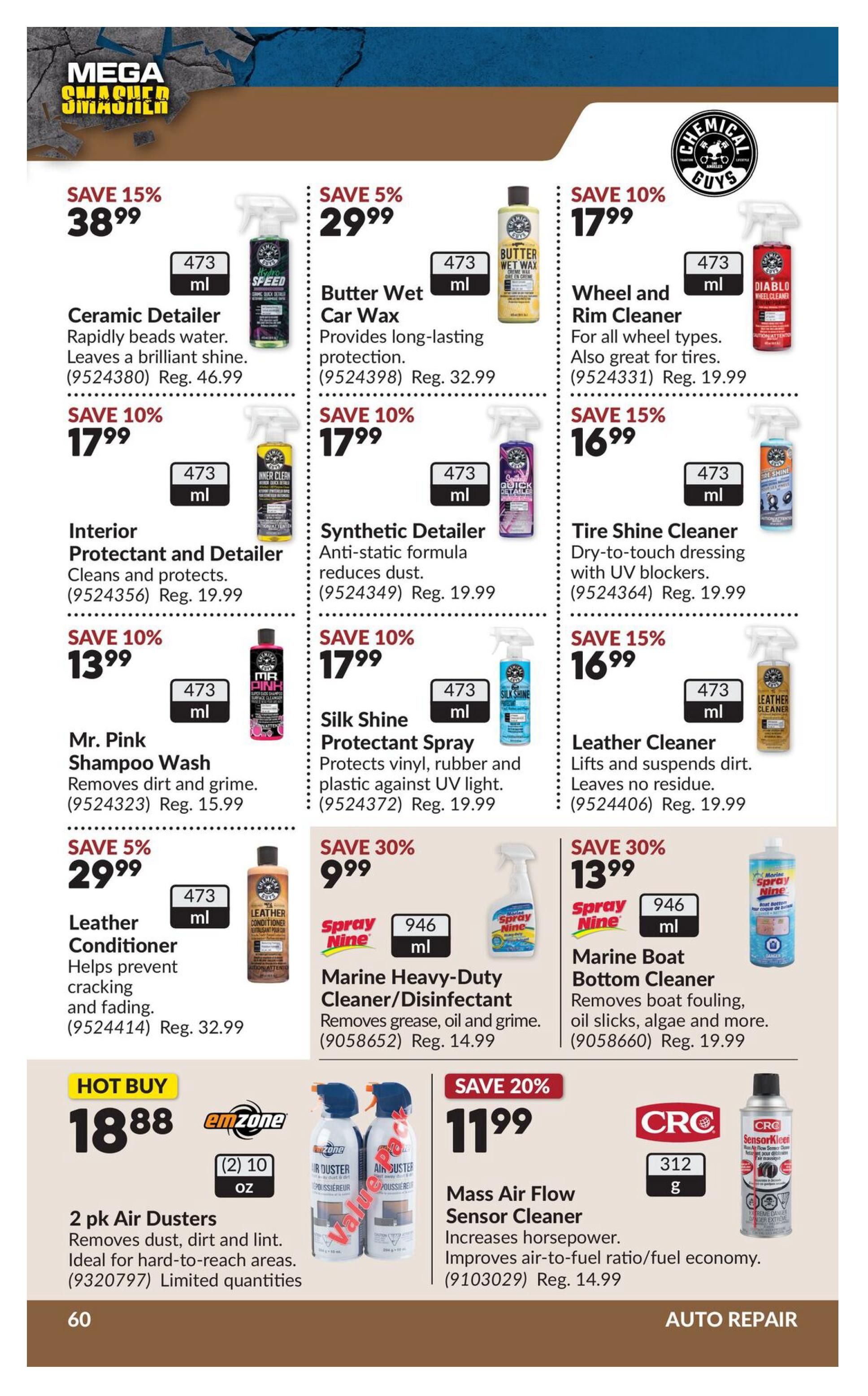 Princess Auto Mega Smasher flyer, page 77. Featured products include Ceramic Detailer for $38.99 (save 15%), Butter Wet Car Wax for $29.99 (save 5%), and Wheel and Rim Cleaner for $17.99 (save 10%). Also available are Interior Protectant and Detailer for $17.99 (save 10%), Synthetic Detailer for $17.99 (save 10%), and Tire Shine Cleaner for $16.99 (save 15%). Additional offers include Mr. Pink Shampoo Wash for $13.99 (save 10%), Silk Shine Protectant Spray for $17.99 (save 10%), and Leather Cleaner for $16.99 (save 15%). On sale is Leather Conditioner for $29.99 (save 5%), Marine Heavy-Duty Cleaner/Disinfectant for $9.99 (save 30%), and Marine Boat Bottom Cleaner for $13.99 (save 30%). Hot Buy: 2 pk Air Dusters for $18.88. Save 20% on Mass Air Flow Sensor Cleaner for $11.99. All items are 473 ml unless otherwise specified. Page 77.
