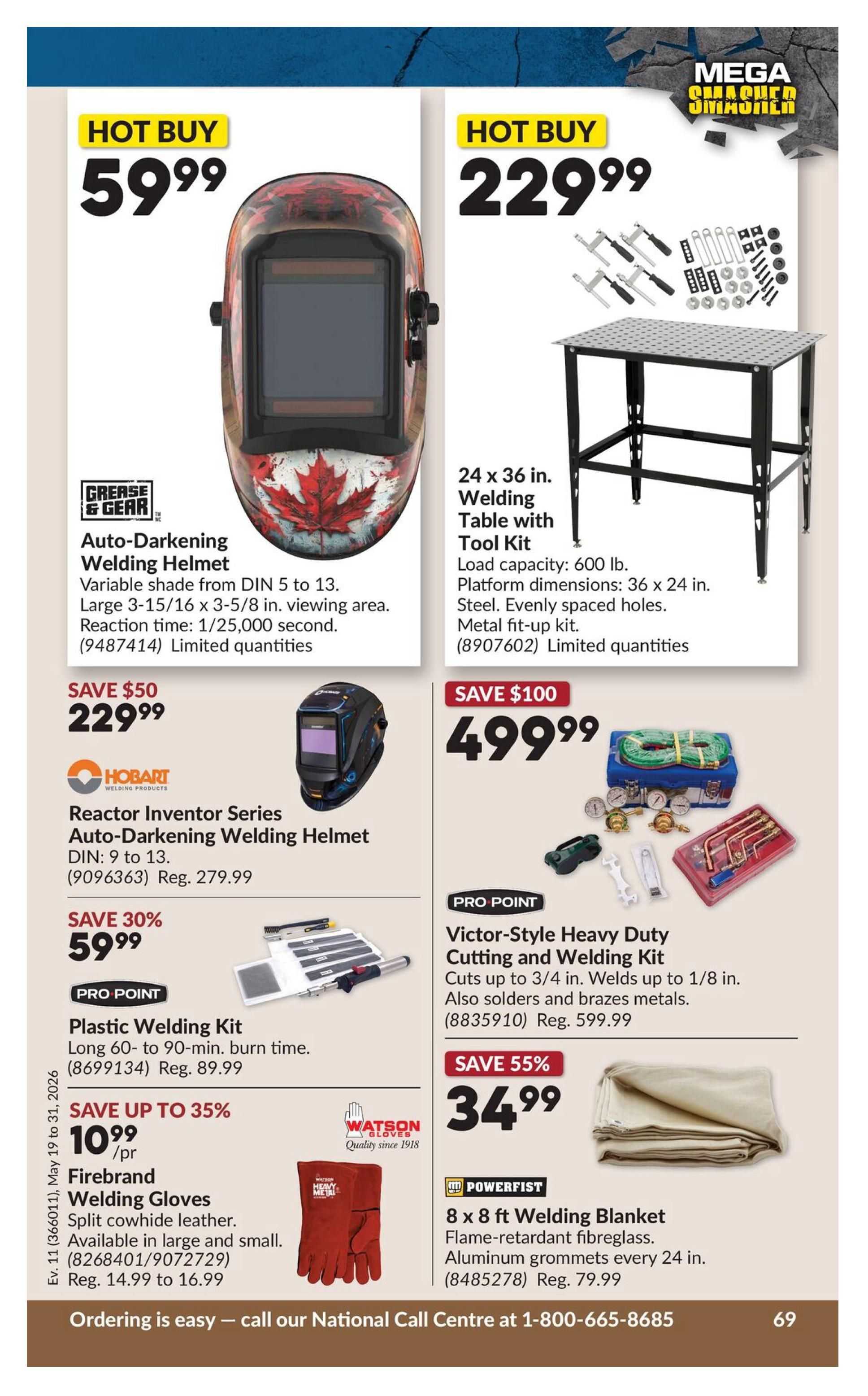 Princess Auto flyer page 86 features welding equipment and accessories. Hot Buy: Grease & Gear Auto-Darkening Welding Helmet for $59.99, with variable shade from DIN 5 to 13 and a 1/25,000 second reaction time. Another Hot Buy: a 24 x 36 inch Welding Table with Tool Kit for $229.99, featuring a 600 lb load capacity and steel platform. Also available is the Hobart Reactor Inventor Series Auto-Darkening Welding Helmet for $229.99 (regularly $279.99). Pro Point Plastic Welding Kit is on sale for $59.99 (regularly $89.99), offering 60 to 90-minute burn time. Save up to 35% on Firebrand Welding Gloves for $10.99/pr, made of split cowhide leather and available in large and small sizes (regularly $14.99 to $16.99). Pro Point Victor-Style Heavy Duty Cutting and Welding Kit is on sale for $499.99 (regularly $599.99), cuts up to 3/4 inch and welds up to 1/8 inch. Powerfist 8 x 8 ft Welding Blanket is 55% off, priced at $34.99, made of flame-retardant fibreglass with aluminum grommets every 24 inches (regularly $79.99). Flyer valid May 19 to 31, 2026.