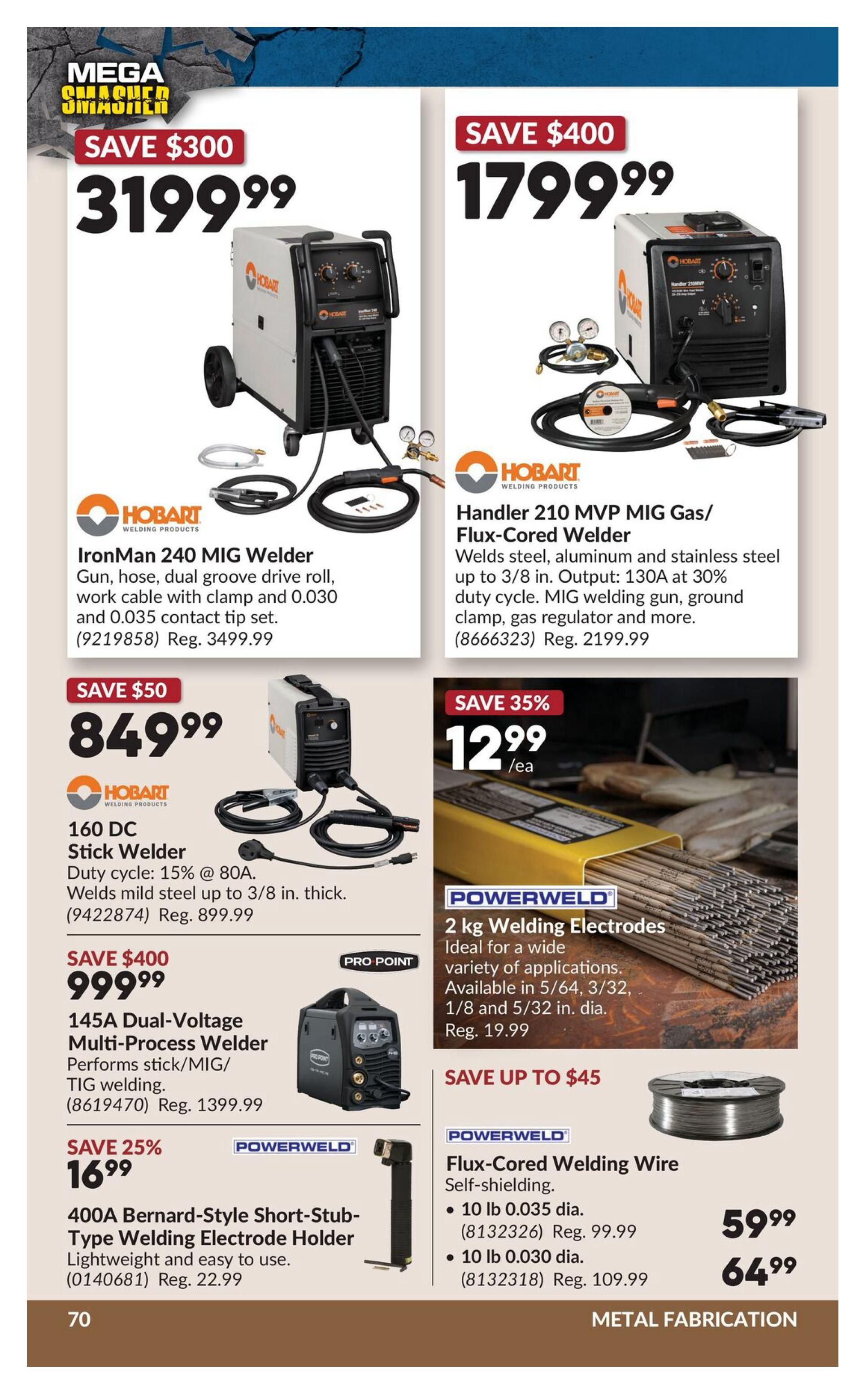 Princess Auto flyer page 87 features welding equipment. Save $300 on the Hobart IronMan 240 MIG Welder for $3199.99, including gun, hose, dual groove drive roll, clamp, and contact tip set. Save $400 on the Hobart Handler 210 MVP MIG Gas/Flux-Cored Welder for $1799.99, which welds steel, aluminum, and stainless steel up to 3/8 inch thick with 130A output. Save $50 on the Hobart 160 DC Stick Welder for $849.99, with a 15% duty cycle at 80A, welding mild steel up to 3/8 inch thick. Save $400 on the Pro Point 145A Dual-Voltage Multi-Process Welder for $999.99, performing stick/MIG/TIG welding. Save 25% on the Powerweld 400A Bernard-Style Short-Stub-Type Welding Electrode Holder for $16.99, lightweight and easy to use. Also featured is Powerweld 2 kg Welding Electrodes for $12.99/ea, ideal for a wide variety of applications and available in 5/64, 3/32, 1/8 and 5/32 inch diameters. Save up to $45 on Powerweld Flux-Cored Welding Wire, with 10 lb 0.035 dia. for $59.99 and 10 lb 0.030 dia. for $64.99. The page is titled 'Mega Smasher' and is part of the 'Metal Fabrication' section.