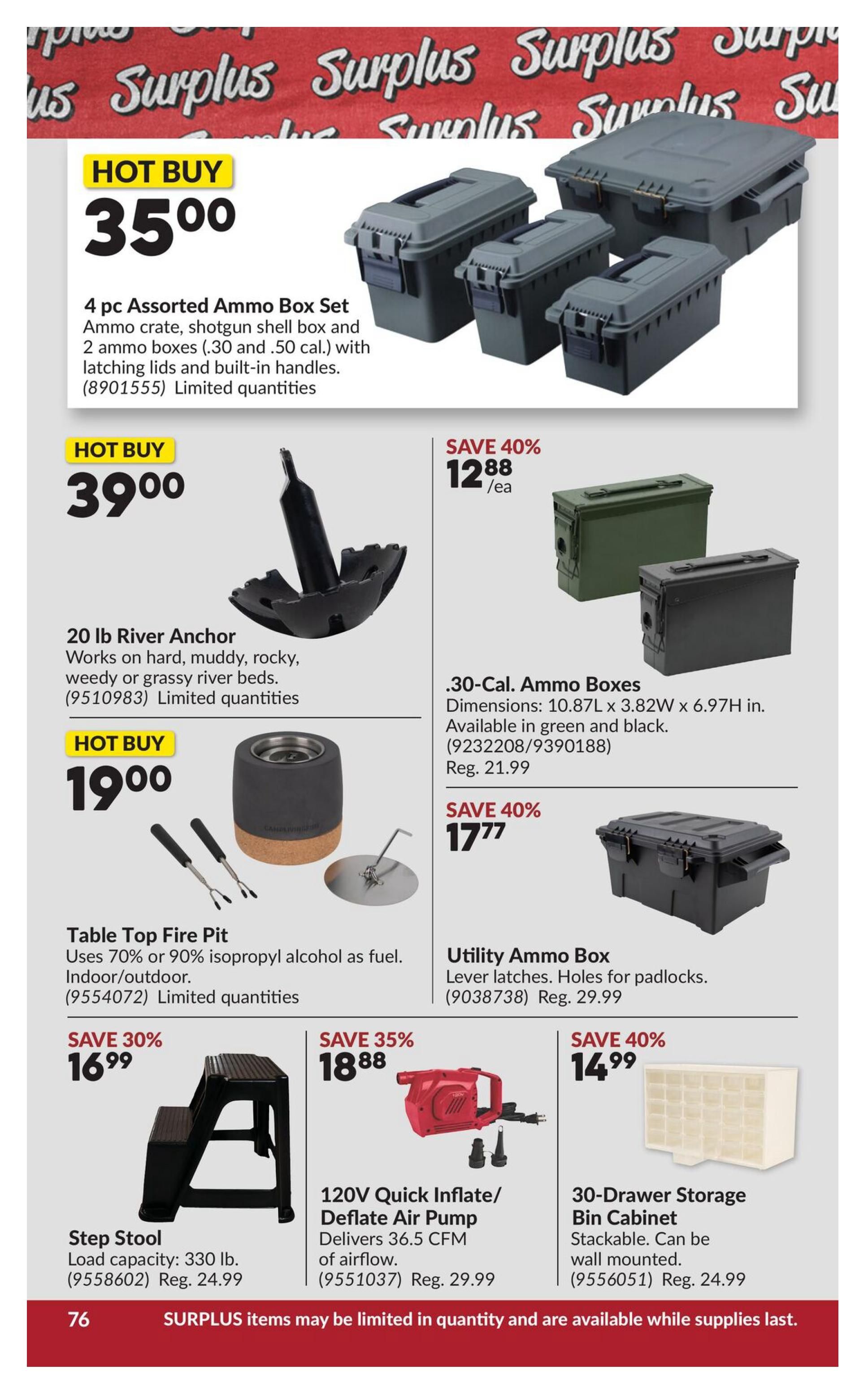 Princess Auto flyer page 94 features a 'Hot Buy' 4 pc Assorted Ammo Box Set for $35.00, including an ammo crate, shotgun shell box, and two ammo boxes (.30 and .50 cal.) with latching lids and built-in handles. Also on 'Hot Buy' is a 20 lb River Anchor for $39.00, designed for various river beds. A Table Top Fire Pit is available for 'Hot Buy' at $19.00, suitable for indoor/outdoor use and fuelled by 70% or 90% isopropyl alcohol. On the right side, .30-Cal. Ammo Boxes are on sale for $12.88 each (save 40%), with dimensions 10.87L x 3.82W x 6.97H in., available in green and black, regular price $21.99. A Utility Ammo Box with lever latches and holes for padlocks is $17.77 (save 40%), regular price $29.99. Below, a Step Stool with a load capacity of 330 lb. is $16.99 (save 30%), regular price $24.99. A 120V Quick Inflate/Deflate Air Pump, delivering 36.5 CFM of airflow, is $18.88 (save 35%), regular price $29.99. Finally, a 30-Drawer Storage Bin Cabinet, stackable and wall-mountable, is $14.99, regular price $24.99. The bottom of the page states 'SURPLUS items may be limited in quantity and are available while supplies last.