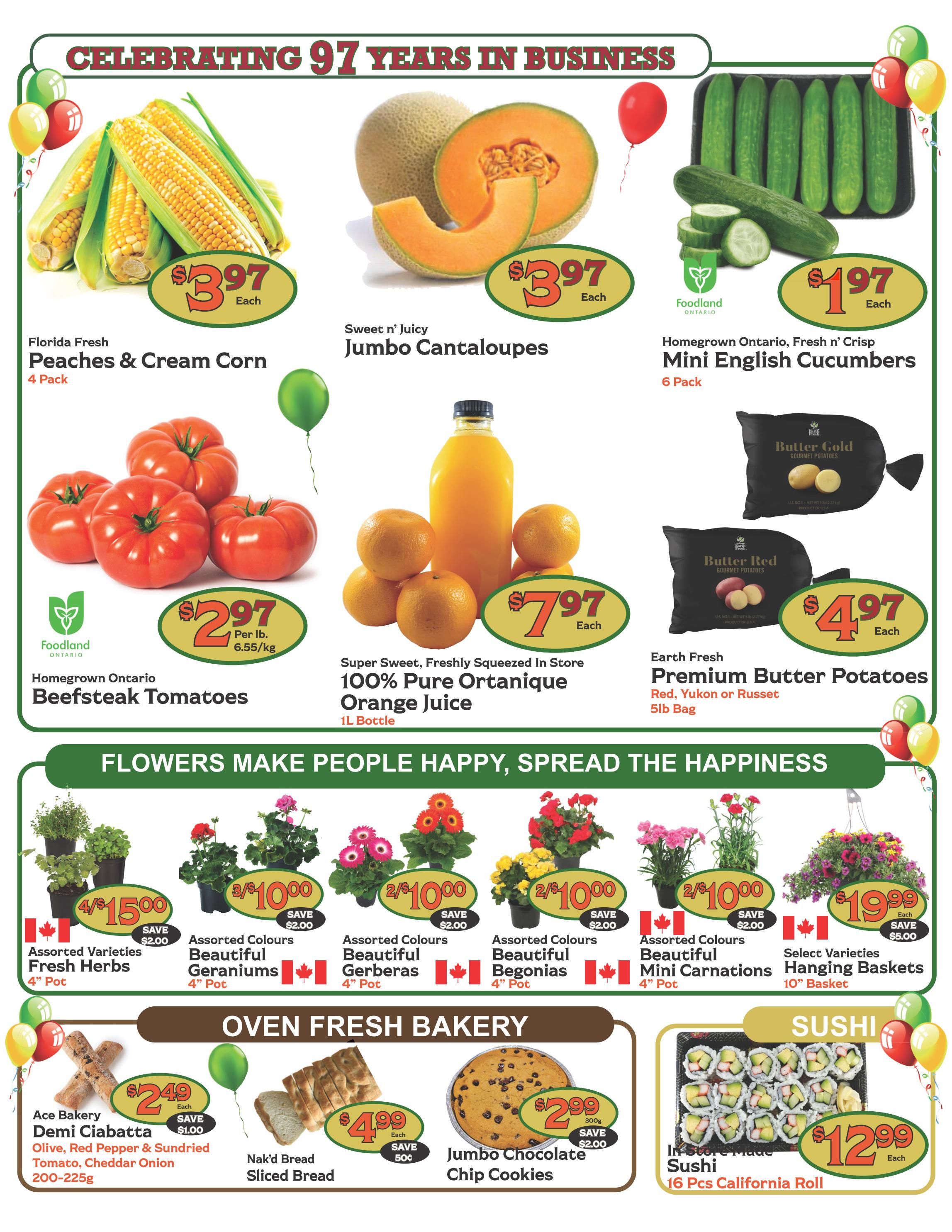 The Garden Basket weekly flyer specials page 2, celebrating 97 years in business. Featured produce includes Florida Fresh Peaches & Cream Corn 4 Pack for $3.97 each, Sweet n' Juicy Jumbo Cantaloupes for $3.97 each, and Homegrown Ontario Mini English Cucumbers 6 Pack for $1.97 each. Also available are Homegrown Ontario Beefsteak Tomatoes for $2.97 per lb, Super Sweet 100% Pure Ortanique Orange Juice 1L bottle for $7.97 each, and Earth Fresh Premium Butter Potatoes (Red, Yukon or Russet) 5lb bag for $4.97 each. The flyer also highlights 'Flowers Make People Happy, Spread the Happiness' with deals on Assorted Varieties Fresh Herbs 4' Pot for 4/$15.00, Assorted Colours Beautiful Geraniums 4' Pot for 4/$10.00, Assorted Colours Beautiful Gerberas 4' Pot for 2/$10.00, Assorted Colours Beautiful Begonias 4' Pot for 2/$10.00, Assorted Colours Beautiful Mini Carnations 4' Pot for 2/$10.00, and Select Varieties Hanging Baskets 10' Basket for $19.99. In the Oven Fresh Bakery section, find Ace Bakery Demi Ciabatta (Olive, Red Pepper & Sundried Tomato, Cheddar Onion) 200-225g for $2.49 each, Nak'd Bread Sliced Bread for $4.99 each, and Jumbo Chocolate Chip Cookies for $2.99. Finally, In Store Made Sushi 16 Pcs California Roll is available for $12.99 each.