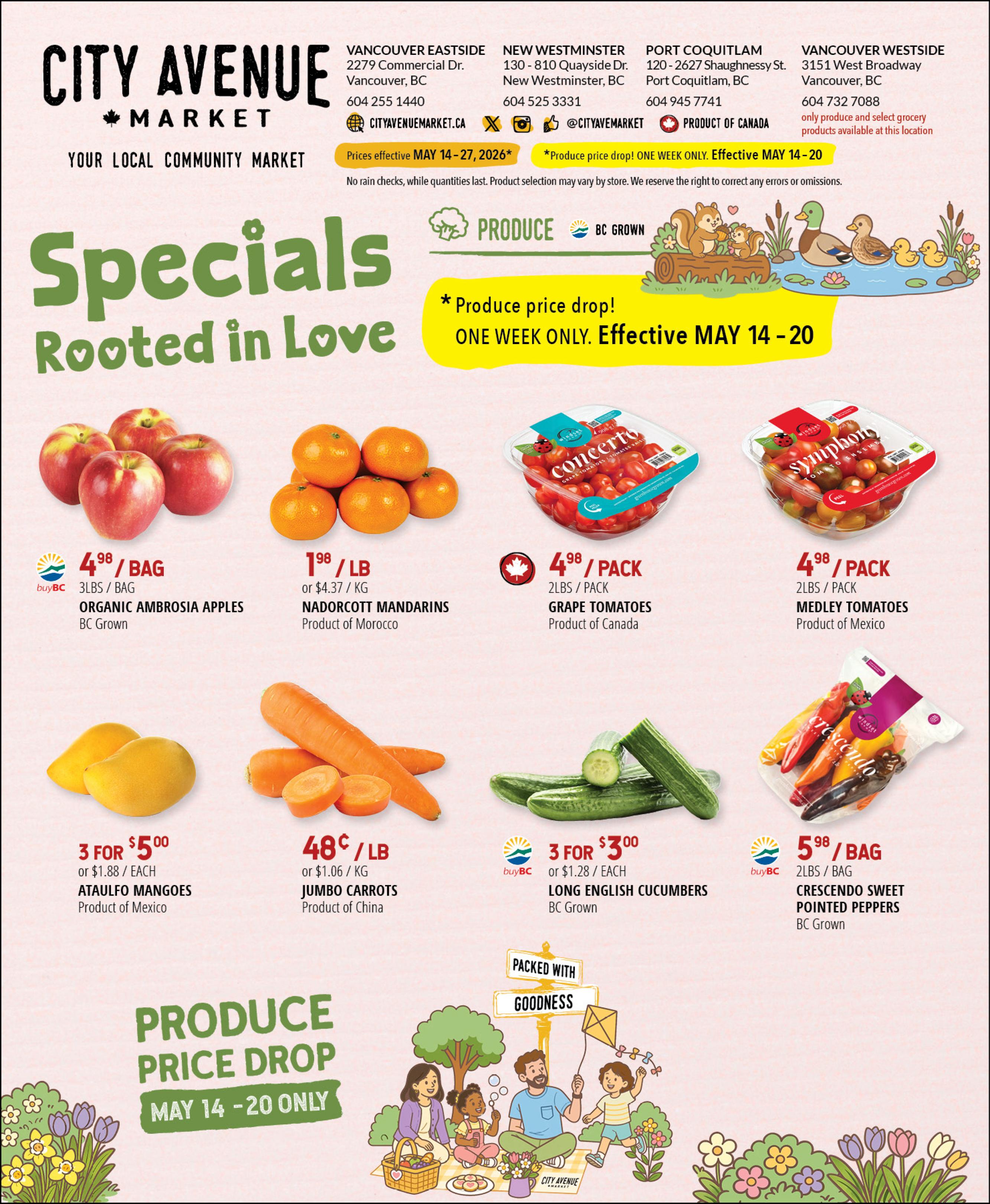 City Avenue Market flyer specials page featuring a produce price drop from May 14-20. Featured produce includes Organic Ambrosia Apples at $4.98 per bag (3 lbs/bag), Nadocott Mandarins at $1.98 per pound (or $4.37/kg) from Morocco, Grape Tomatoes at $4.98 per pack (2 lbs/pack) from Canada, and Medley Tomatoes at $4.98 per pack (2 lbs/pack) from Mexico. Also available are Ataulfo Mangoes, 3 for $5.00 (or $1.88 each) from Mexico, Jumbo Carrots at $0.48 per pound (or $1.06/kg) from China, and Long English Cucumbers at 3 for $3.00 (or $1.28 each) grown in BC. Crescendo Sweet Pointed Peppers are also on sale at $5.98 per bag (2 lbs/bag), grown in BC. The flyer highlights a one-week produce price drop.