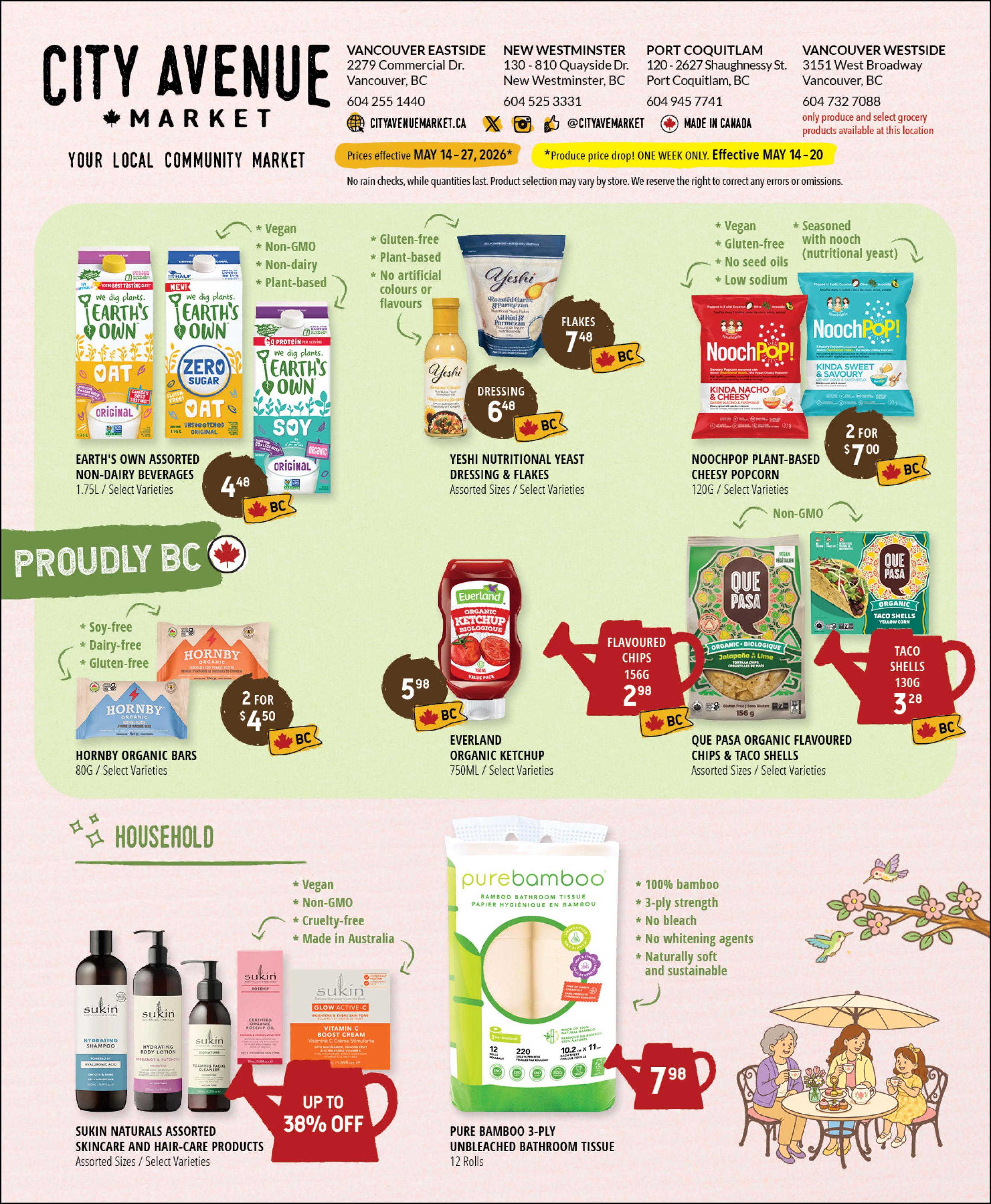 City Avenue Market flyer page 2 features a variety of products. Earth's Own Assorted Non-Dairy Beverages are $4.48 per 1.75L. Yeshi Nutritional Yeast Dressing is $6.48 and Flakes are $7.48. NoochPOP Plant-Based Cheesy Popcorn is 2 for $7.00. Hornby Organic Bars are 2 for $4.50. Everland Organic Ketchup 750mL is $5.98. Que Pasa Organic Flavoured Chips 156g are $2.98 and Taco Shells 130g are $3.28. Sukin Naturals Assorted Skincare and Haircare products are up to 38% off. Pure Bamboo 3-Ply Unbleached Bathroom Tissue (12 rolls) is $7.98. Prices are effective May 14-27, 2026, with a special produce price drop from May 14-20.