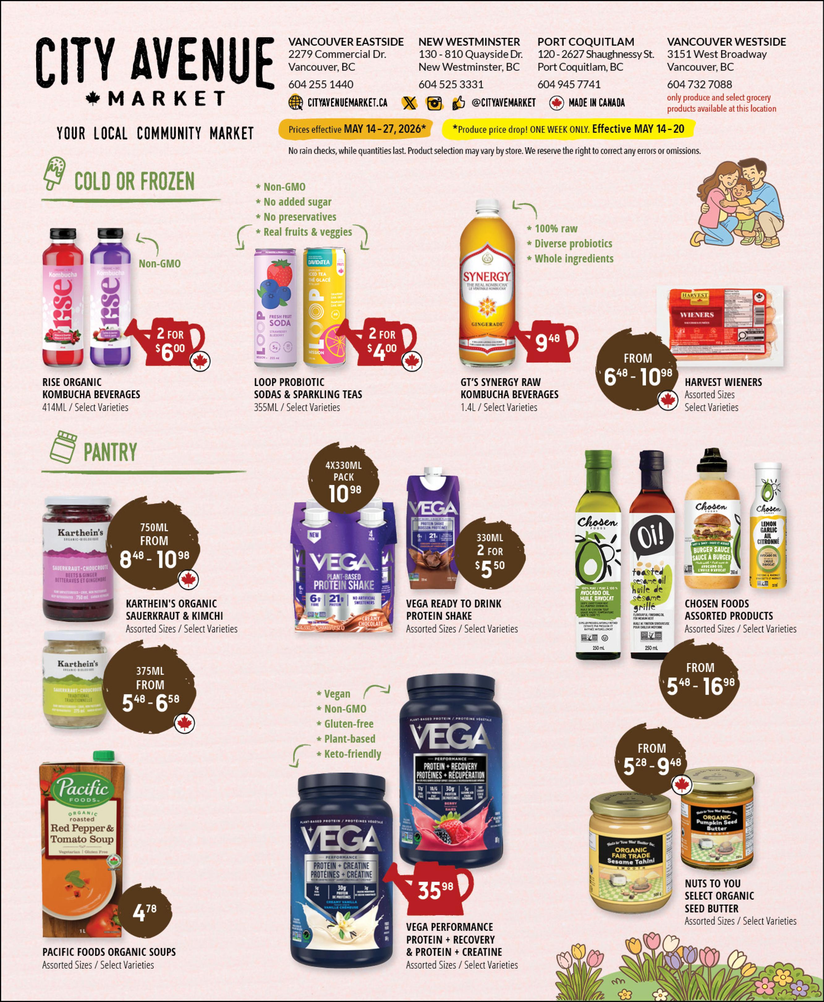 City Avenue Market flyer page 5 featuring Cold or Frozen and Pantry sections. Cold or Frozen items include Rise Organic Kombucha Beverages at 2 for $6.00, Loop Probiotic Sodas & Sparkling Teas at 2 for $4.00, and GT's Synergy Raw Kombucha Beverages for $9.48. Harvest Wieners are on sale from $6.48 to $10.98. Pantry items include Karthein's Organic Sauerkraut & Kimchi from $8.48 to $10.98 for 750mL and from $5.48 to $6.58 for 375mL. Vega Ready to Drink Protein Shake 4x330mL pack is $10.98, and 330mL bottles are 2 for $5.50. Vega Performance Protein + Recovery & Protein + Creatine are $35.98. Pacific Foods Organic Soups are $4.78. Chosen Foods Assorted Products, including avocado oil and burger sauce, range from $5.48 to $16.98.