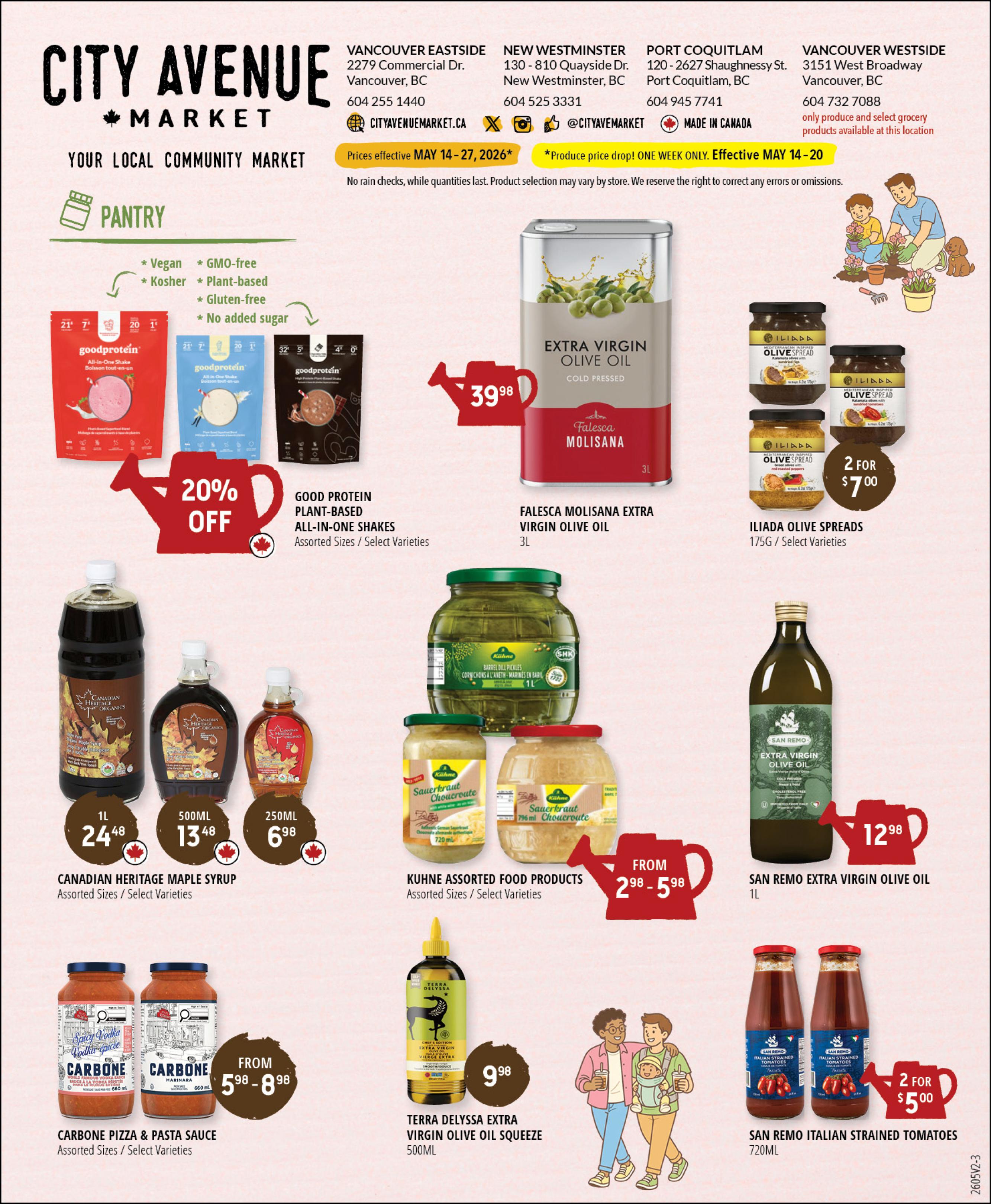 City Avenue Market flyer specials page 6. Pantry section features Good Protein Plant-Based All-In-One Shakes with 20% off, assorted sizes and select varieties. Falesca Molisana Extra Virgin Olive Oil 3L is priced at $39.98. Iliada Olive Spreads 175g are 2 for $7.00, assorted varieties. Canadian Heritage Maple Syrup is available in 1L for $24.48, 500mL for $13.48, and 250mL for $6.98. Kuhne Assorted Food Products, including sauerkraut and pickles, are on sale from $2.98 to $5.98, assorted sizes and select varieties. San Remo Extra Virgin Olive Oil 1L is $12.98. Carbone Pizza & Pasta Sauce, assorted sizes and select varieties, is priced from $5.98 to $8.98. Terra Delyssa Extra Virgin Olive Oil Squeeze 500mL is $9.98. San Remo Italian Strained Tomatoes 720mL are 2 for $5.00.