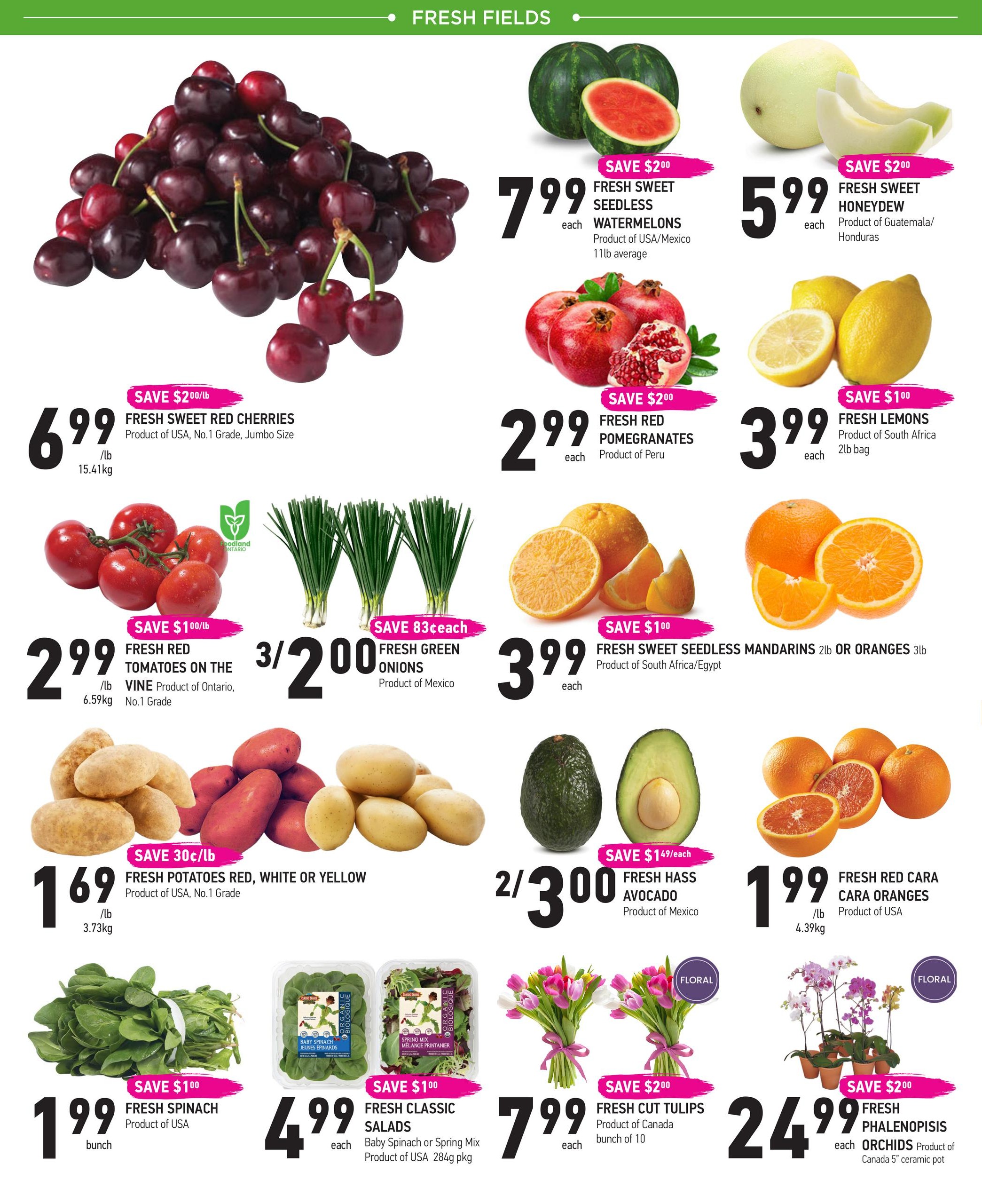 Coppa's Fresh Market flyer page 2 features a variety of fresh produce and floral items. Highlights include Fresh Sweet Red Cherries for $6.99/lb, Fresh Sweet Seedless Watermelons for $7.99 each, and Fresh Sweet Honeydew for $5.99 each. Also available are Fresh Red Pomegranates for $2.99 each, Fresh Lemons for $3.99/2lb bag, and Fresh Red Tomatoes on the Vine for $2.99/lb. Green Onions are on sale 3 for $2.00, and Fresh Sweet Seedless Mandarins or Oranges are $3.99/each. Potatoes (Red, White, or Yellow) are $1.69/lb. Fresh Hass Avocados are 2 for $3.00, and Fresh Red Cara Oranges are $1.99/lb. Fresh Spinach is $1.99/bunch, and Fresh Classic Salads are $4.99 each. Floral items include Fresh Cut Tulips for $7.99/bunch of 10, and Fresh Phalaenopsis Orchids for $24.99 each in a 5' ceramic pot.
