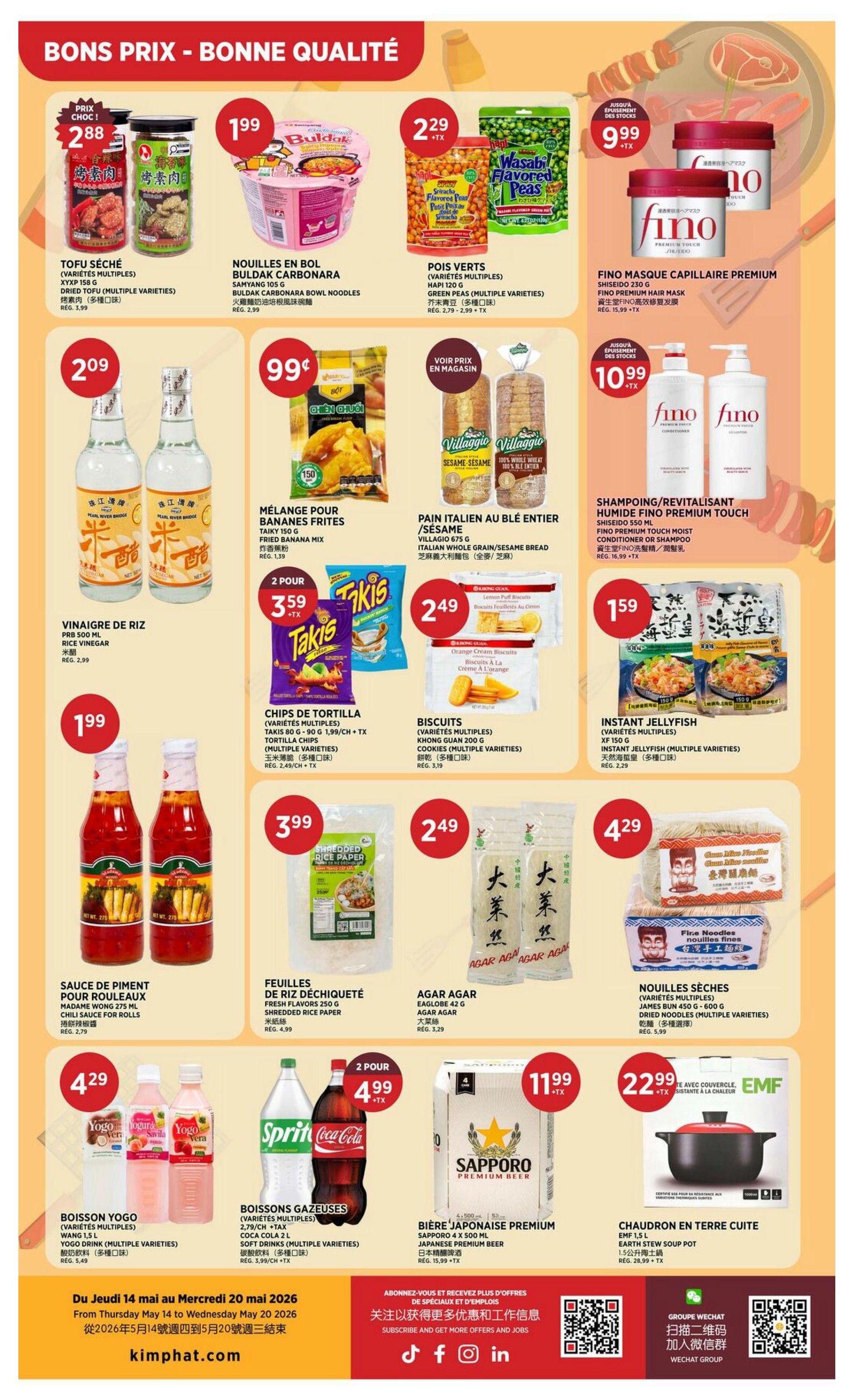 Kim Phat weekly flyer specials page 3 features a variety of food and household items. Top row includes Dried Tofu for $2.88, Buldak Carbonara Noodles for $1.99, Wasabi Flavored Peas for $2.29, and Fino Premium Hair Mask for $9.99. Second row showcases Pearl River Bridge Rice Vinegar for $2.09, Fried Banana Mix for $0.99, Villaggio Italian Whole Grain/Sesame Bread for a special price, and Fino Premium Touch Conditioner or Shampoo for $10.99. The third row offers Takis Tortilla Chips for 2 for $3.59, Khong Guan Cookies for $2.49, and Instant Jellyfish for $1.59. The fourth row highlights Madame Wong Chili Sauce for Rolls for $4.49, Shredded Rice Paper for $2.49, Agar Agar for $2.49, and Fine Noodles for $4.29. The bottom row features Yogo Drink for $4.29, Coca-Cola and Sprite Soft Drinks for 2 for $4.99, Sapporo Premium Japanese Beer for $11.99, and an Earth Stew Pot for $22.99. The flyer is valid from Thursday, May 14 to Wednesday, May 20, 2026.