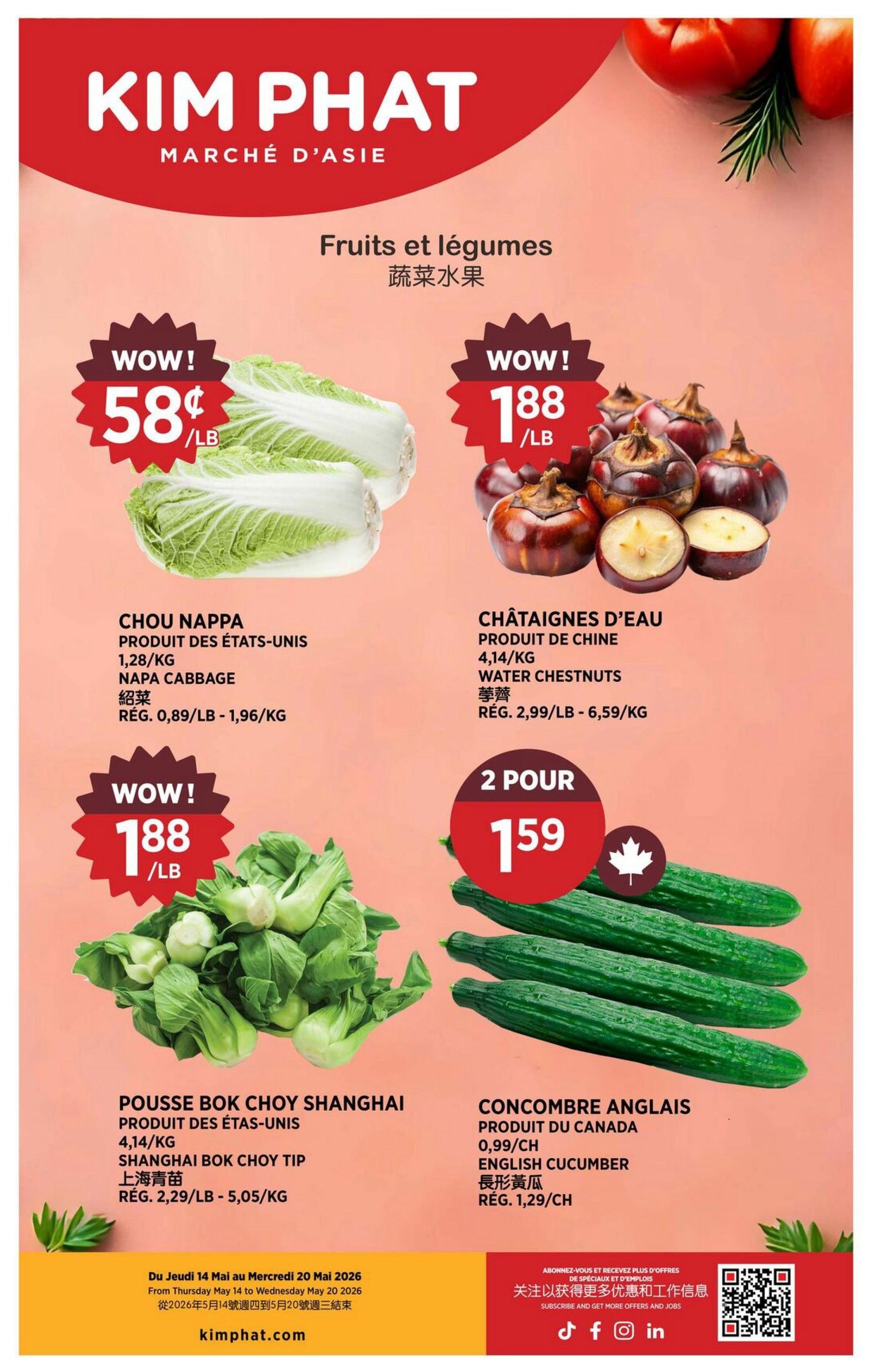 Kim Phat weekly flyer specials page 9 features fruits and vegetables. Highlights include Napa Cabbage for $0.58/lb, Water Chestnuts for $1.88/lb, Shanghai Bok Choy Tip for $1.88/lb, and English Cucumbers at 2 for $1.59. Regular prices are listed for comparison: Napa Cabbage at $0.89/lb - $1.96/kg, Water Chestnuts at $2.99/lb - $6.59/kg, Shanghai Bok Choy Tip at $2.29/lb - $5.05/kg, and English Cucumbers at $1.29/each. The flyer is valid from Thursday, May 14 to Wednesday, May 20, 2026.