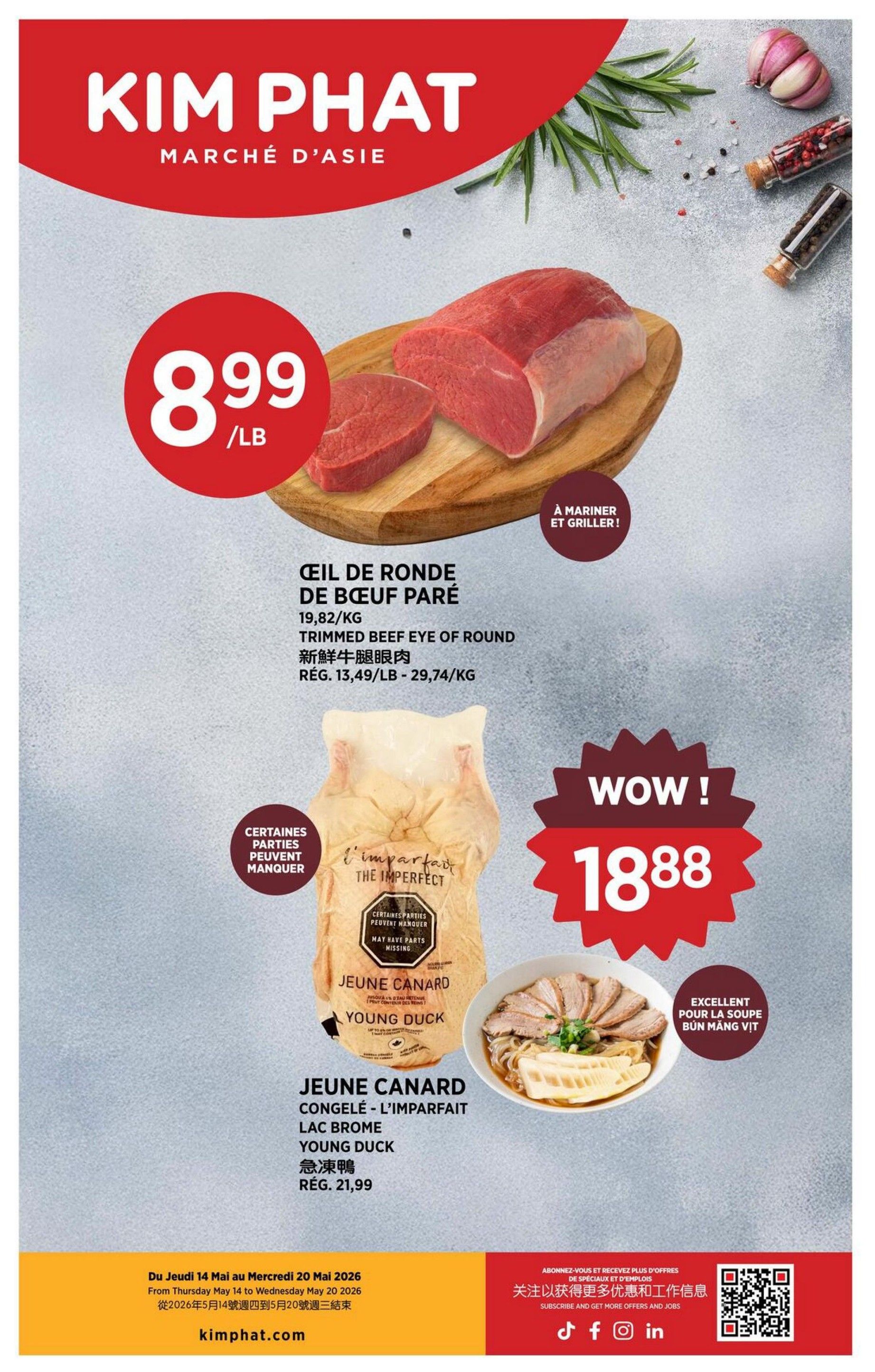 Kim Phat weekly flyer specials page 10 features Trimmed Beef Eye of Round for $8.99/lb, suitable for marinating and grilling. Also featured is Young Duck (Jeune Canard Congelé - L'Imparfait) for $21.99, with a 'Wow!' price of 1888 (likely for a prepared dish or special offer). The flyer is valid from Thursday, May 14 to Wednesday, May 20, 2026.
