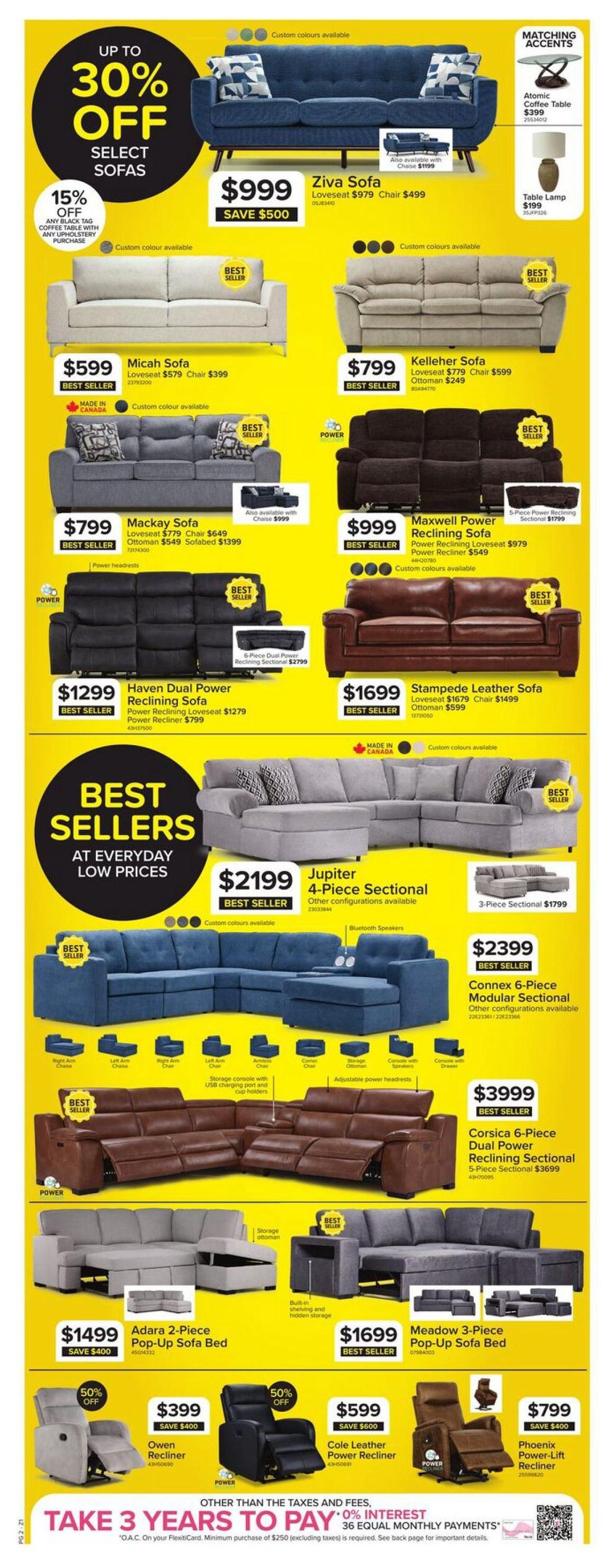 Leon's flyer page 2 features up to 30% off select sofas. The Ziva Sofa is $999, saving $500. The Micah Sofa is $599, with a loveseat for $579 and chair for $399. The Kelleher Sofa is $799, with a loveseat for $779, chair for $599, and ottoman for $249. The Mackay Sofa is $799, with a loveseat for $779, chair for $649, and sofabed for $1399. The Maxwell Power Reclining Sofa is $999, with a power reclining loveseat for $979 and power recliner for $549. The Haven Dual Power Reclining Sofa is $1299, with a power reclining loveseat for $1279 and power recliner for $799. Featured Best Sellers include the Jupiter 4-Piece Sectional for $2199, with other configurations available and a 3-piece sectional for $1799. The Connex 6-Piece Modular Sectional is $2399, with other configurations available. The Corsica 6-Piece Dual Power Reclining Sectional is $3999, with a 5-piece sectional for $3699. The Adara 2-Piece Pop-Up Sofa Bed is $1499, saving $400. The Meadow 3-Piece Pop-Up Sofa Bed is $1699. Individual recliners include the Owen Recliner for $399 (50% off, save $400), the Cole Leather Power Recliner for $599 (50% off, save $600), and the Phoenix Power-Lift Recliner for $799 (save $400). Also available are the Atomic Coffee Table for $399 and a Table Lamp for $199. Take 3 years to pay with 0% interest on 36 equal monthly payments on purchases over $250 (excluding taxes).
