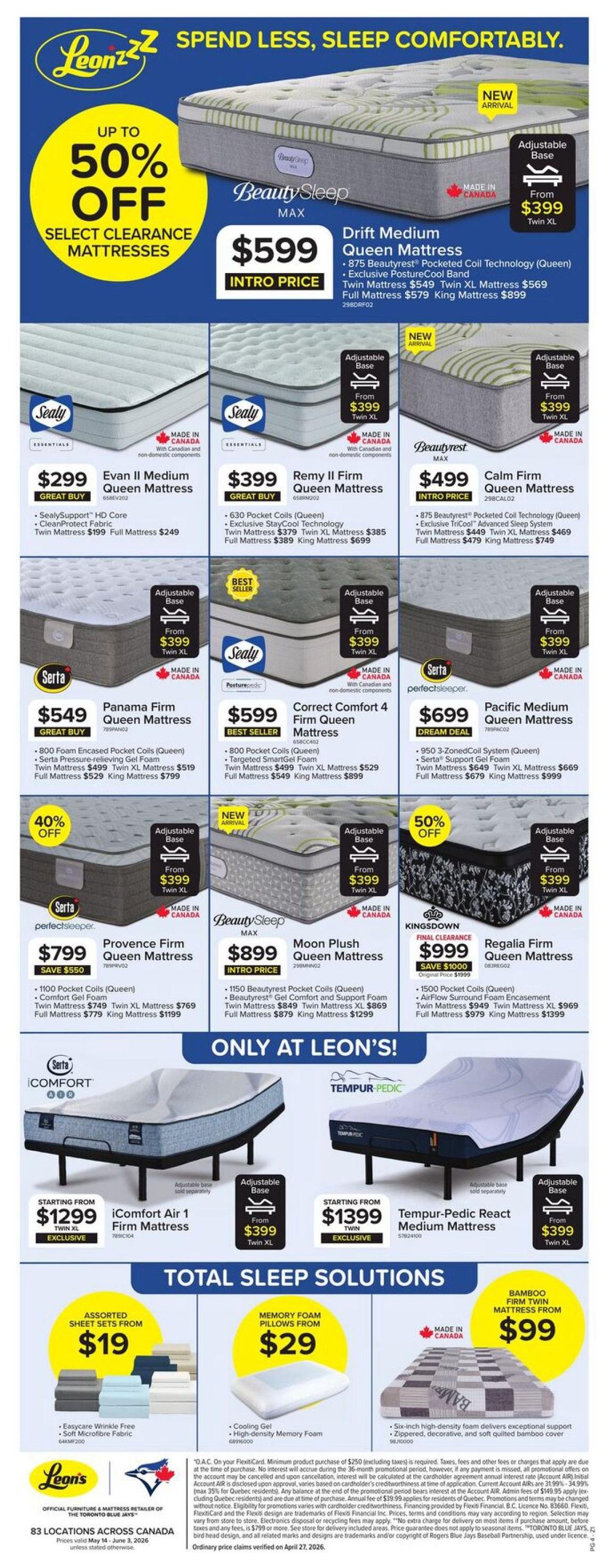 Leon's flyer page 4 features a wide selection of mattresses with up to 50% off select clearance models. Featured mattresses include the BeautySleep MAX Drift Medium Queen Mattress for $599, Sealy Evan II Medium Queen Mattress for $299, Sealy Remy II Firm Queen Mattress for $399, BeautyRest Calm Firm Queen Mattress for $499, Serta Panama Firm Queen Mattress for $549, Sealy Correct Comfort 4 Firm Queen Mattress for $599, Serta Pacific Medium Queen Mattress for $699, Serta Provence Firm Queen Mattress for $799, BeautySleep MAX Moon Plush Queen Mattress for $899, and Kingsdown Regalia Firm Queen Mattress for $999. Adjustable bases are available from $399. Also featured are the iComfort Air 1 Firm Mattress starting from $1299 and the Tempur-Pedic React Medium Mattress starting from $1399. Total Sleep Solutions include Assorted Sheet Sets from $19, Memory Foam Pillows from $29, and Bamboo Firm Twin Mattress from $99. Prices are valid from May 14 to June 3, 2026.
