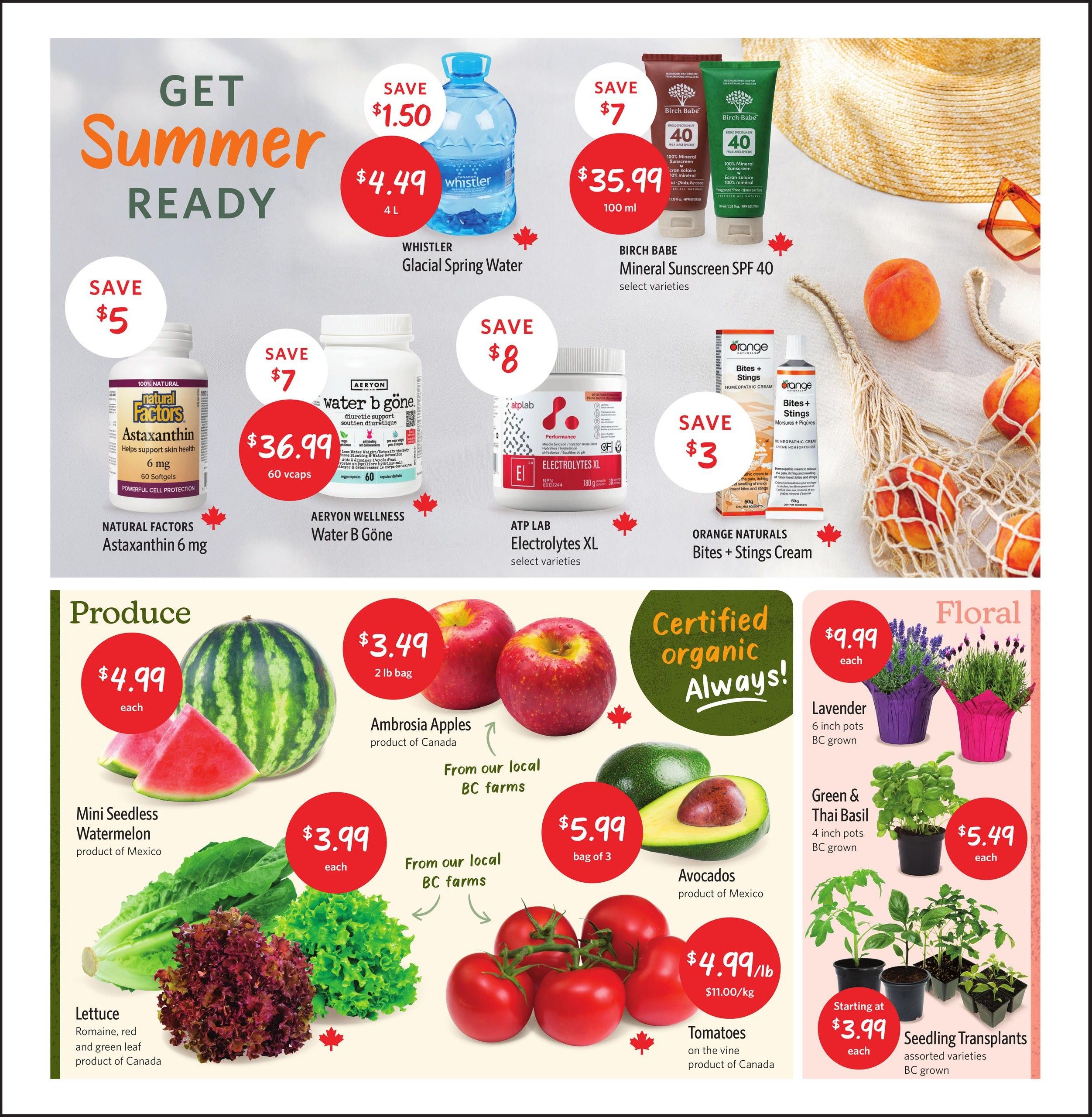 Nature's Fare Markets flyer page 2 featuring summer ready products. Save $1.50 on Whistler Glacial Spring Water, now $4.49 for 4L. Save $7 on Birch Babe Mineral Sunscreen SPF 40, 100 ml, for $35.99. Save $5 on Natural Factors Astaxanthin 6 mg, 60 softgels. Save $7 on Aeryon Wellness Water B Gone, 60 vcaps, for $36.99. Save $8 on ATP Lab Electrolytes XL, 180 g, select varieties. Save $3 on Orange Naturals Bites + Stings homeopathic cream, 50g. Produce section includes Mini Seedless Watermelon for $4.99 each, Ambrosia Apples from local BC farms for $3.49 per 2 lb bag, Avocados from Mexico for $5.99 per bag of 3, and Tomatoes on the vine from Canada for $4.99/lb ($11.00/kg). Also featured are Lettuce (Romaine, red and green leaf) from Canada, and Floral items including Lavender 6-inch pots for $9.99 each and Green & Thai Basil 4-inch pots for $5.49 each, both BC grown. Seedling Transplants, assorted varieties, BC grown, start at $3.99 each.