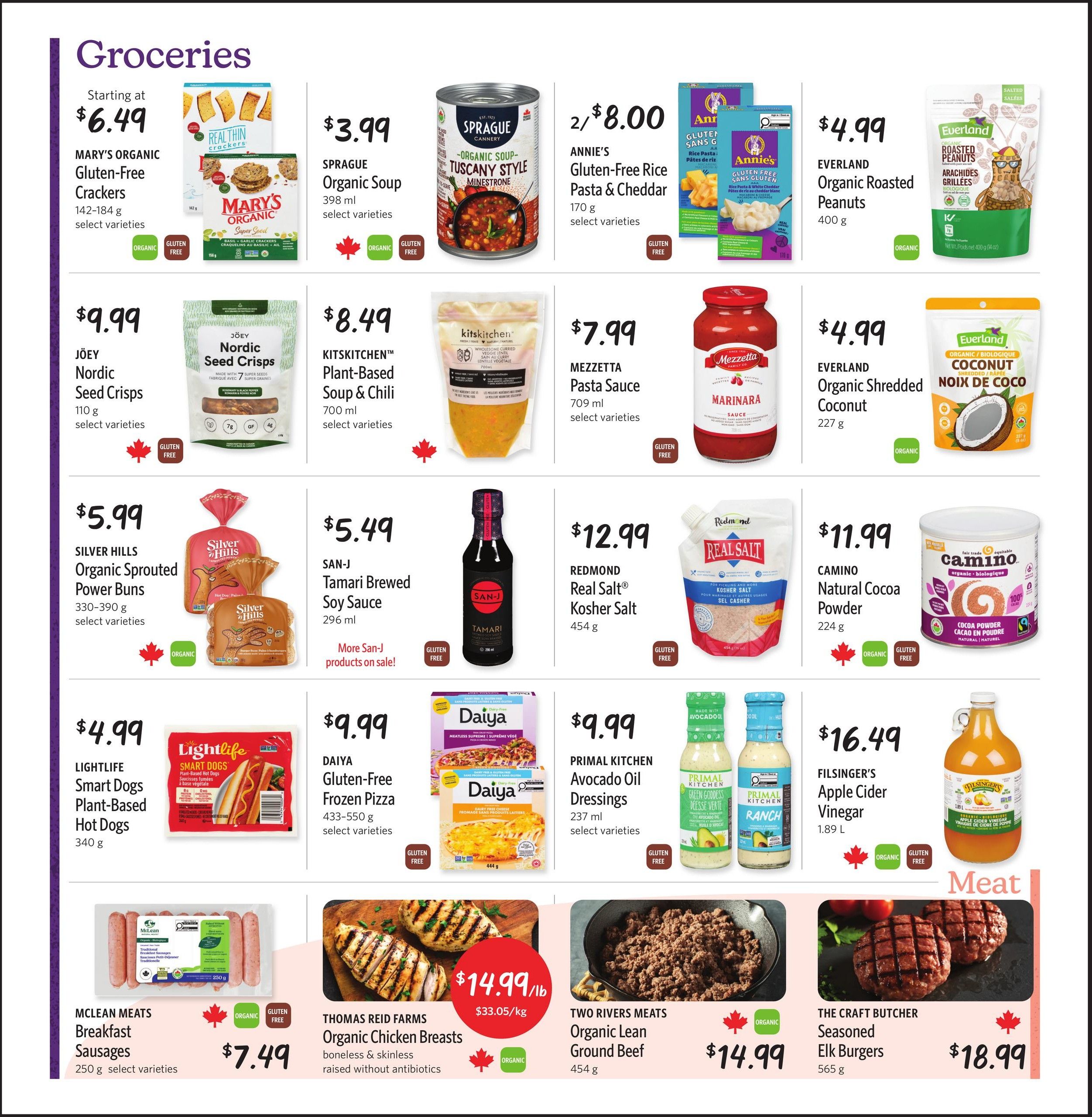 Nature's Fare Markets flyer page 3 featuring a variety of grocery items. Starting at $6.49 for Mary's Organic Gluten-Free Crackers, $3.99 for Sprague Organic Soup, and 2 for $8.00 for Annie's Gluten-Free Rice Pasta & Cheddar. Also featured are Jöey Nordic Seed Crisps for $9.99, Kitskitchen™ Plant-Based Soup & Chili for $8.49, Mezzetta Pasta Sauce for $7.99, Everland Organic Roasted Peanuts for $4.99, and Everland Organic Shredded Coconut for $4.99. Silver Hills Organic Sprouted Power Buns are $5.99, San-J Tamari Brewed Soy Sauce is $5.49, Redmond Real Salt Kosher Salt is $12.99, and Camino Natural Cocoa Powder is $11.99. Lightlife Smart Dogs Plant-Based Hot Dogs are $4.99, Daiya Gluten-Free Frozen Pizza is $9.99, Primal Kitchen Avocado Oil Dressings are $9.99, and Filsinger's Apple Cider Vinegar is $16.49. The 'Meat' section includes McLean Meats Breakfast Sausages for $7.49, Thomas Reid Farms Organic Chicken Breasts for $14.99/lb, Two Rivers Meats Organic Lean Ground Beef for $14.99, and The Craft Butcher Seasoned Elk Burgers for $18.99.