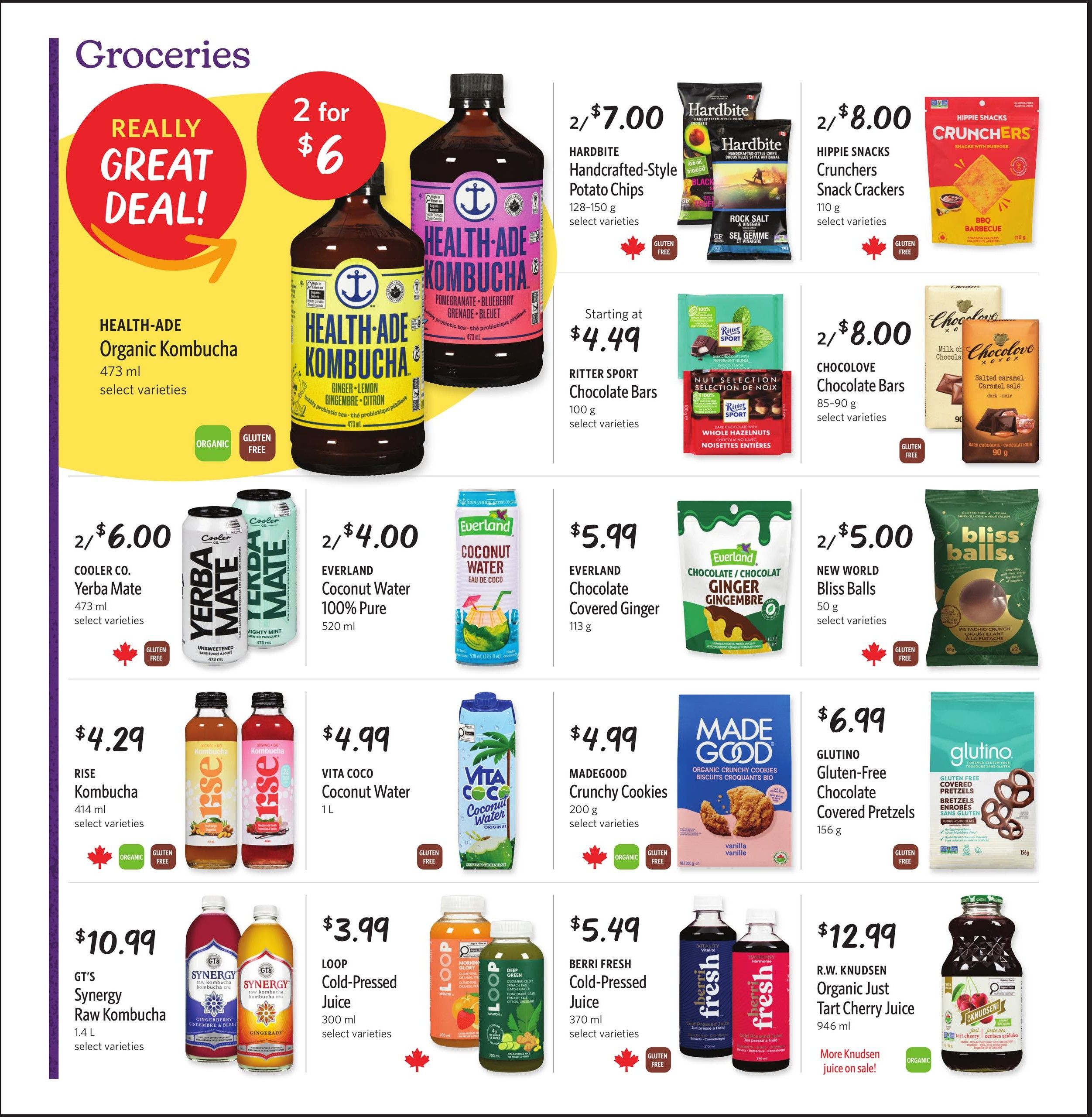 Nature's Fare Markets flyer page 4, featuring a 'Really Great Deal' on Health-Ade Organic Kombucha, 2 for $6. Also on sale: Hardbite Handcrafted-Style Potato Chips at 2 for $7.00, Hippie Snacks Crunchers Snack Crackers at 2 for $8.00, and Ritter Sport Chocolate Bars starting at $4.49. Other featured products include Cooler Co. Yerba Mate at 2 for $6.00, Everland Coconut Water 100% Pure for $4.00, Everland Chocolate Covered Ginger for $5.99, New World Bliss Balls at 2 for $5.00, Rise Kombucha for $4.29, Vita Coco Coconut Water for $4.99, Madegood Crunchy Cookies for $4.99, Glutino Gluten-Free Chocolate Covered Pretzels for $6.99, GT's Synergy Raw Kombucha for $10.99, Loop Cold-Pressed Juice for $3.99, Berri Fresh Cold-Pressed Juice for $5.49, and R.W. Knudsen Organic Just Tart Cherry Juice for $12.99. Many items are gluten-free and organic.