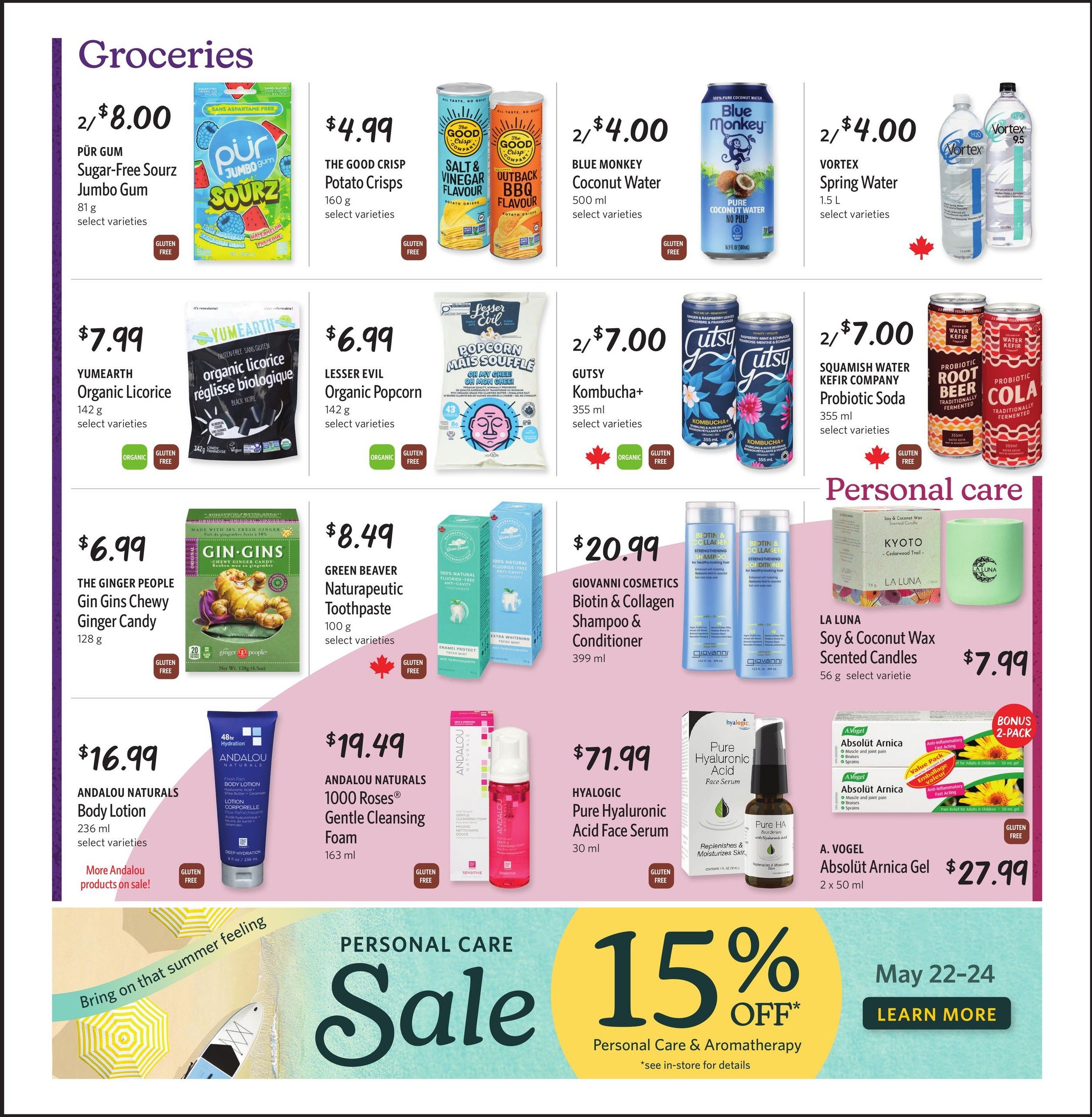 Nature's Fare Markets flyer page 6 featuring groceries and personal care items. Groceries include PÜR Gum Sugar-Free Sourz Jumbo Gum for 2/$8.00, The Good Crisp Potato Crisps for $4.99, Blue Monkey Coconut Water for 2/$4.00, and Vortex Spring Water for 2/$4.00. Also available are YumeEarth Organic Licorice for $7.99, Lesser Evil Organic Popcorn for $6.99, Gutsy Kombucha+ for 2/$7.00, and Squamish Water Kefir Company Probiotic Soda for 2/$7.00. Other grocery items include The Ginger People Gin Gins Chewy Ginger Candy for $6.99, Green Beaver Naturapetic Toothpaste for $8.49, and Andalou Naturals Body Lotion for $16.99. Personal care items include Giovanni Cosmetics Biotin & Collagen Shampoo & Conditioner for $20.99, La Luna Soy & Coconut Wax Scented Candles for $7.99, Andalou Naturals 1000 Roses Gentle Cleansing Foam for $19.49, Hyalogic Pure Hyaluronic Acid Face Serum for $71.99, and A. Vogel Absolut Arnica Gel (2 x 50 ml) for $27.99. A personal care sale offers 15% off from May 22-24, with a 'Learn More' button.